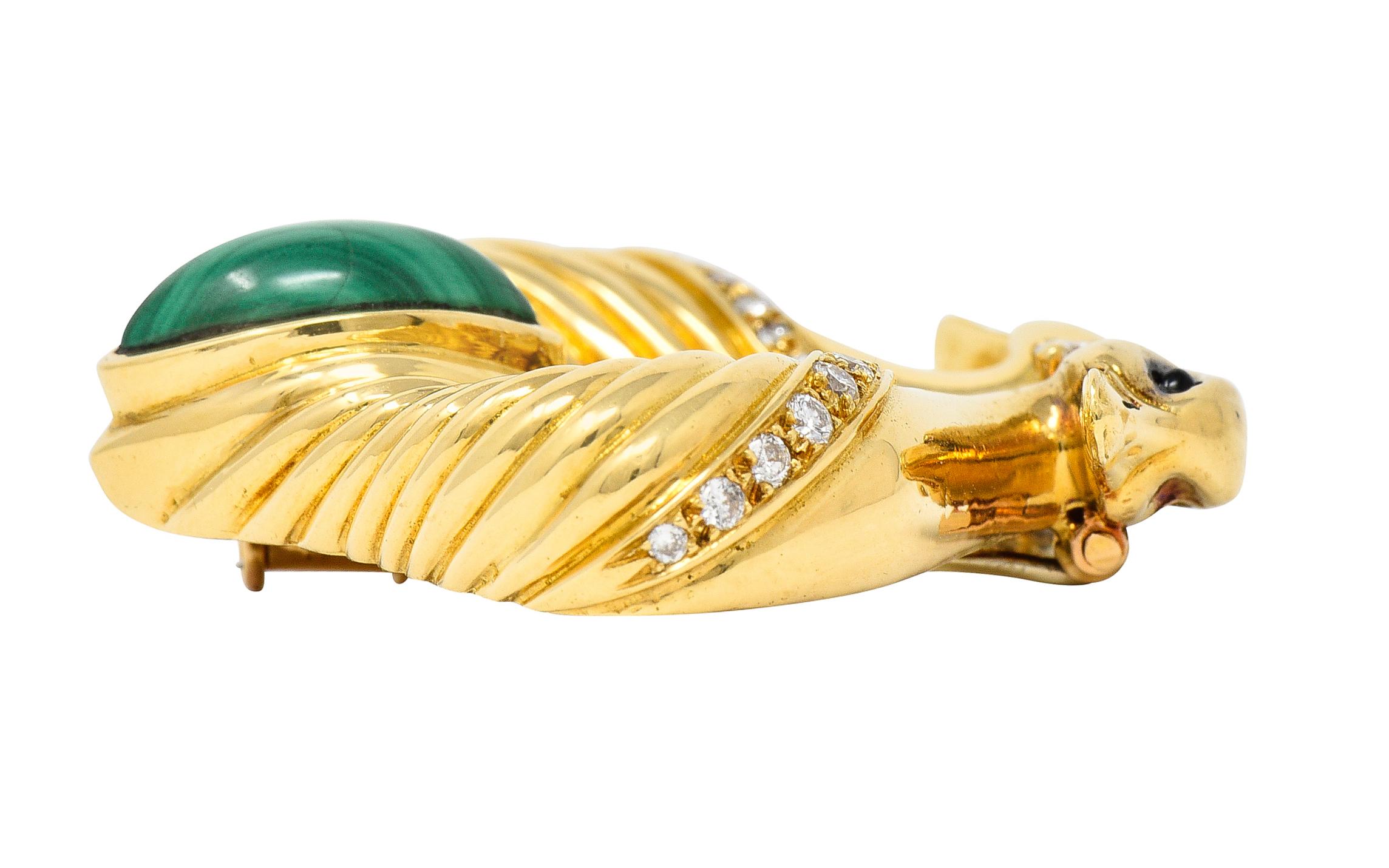 Hermés Paris Diamond Malachite 18 Karat Gold Double Swan Bird Vintage Brooch 1