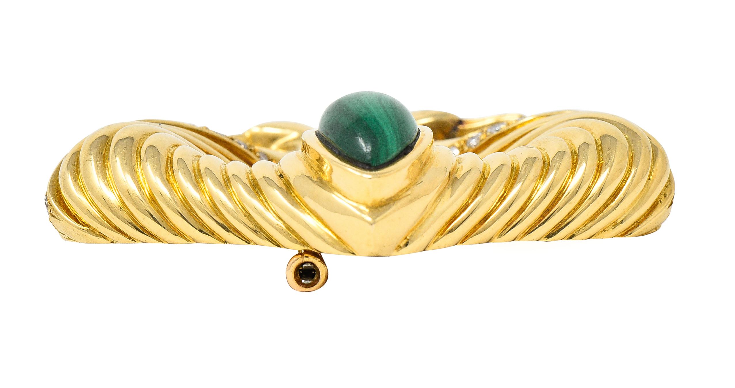 Hermés Paris Diamond Malachite 18 Karat Gold Double Swan Bird Vintage Brooch 2
