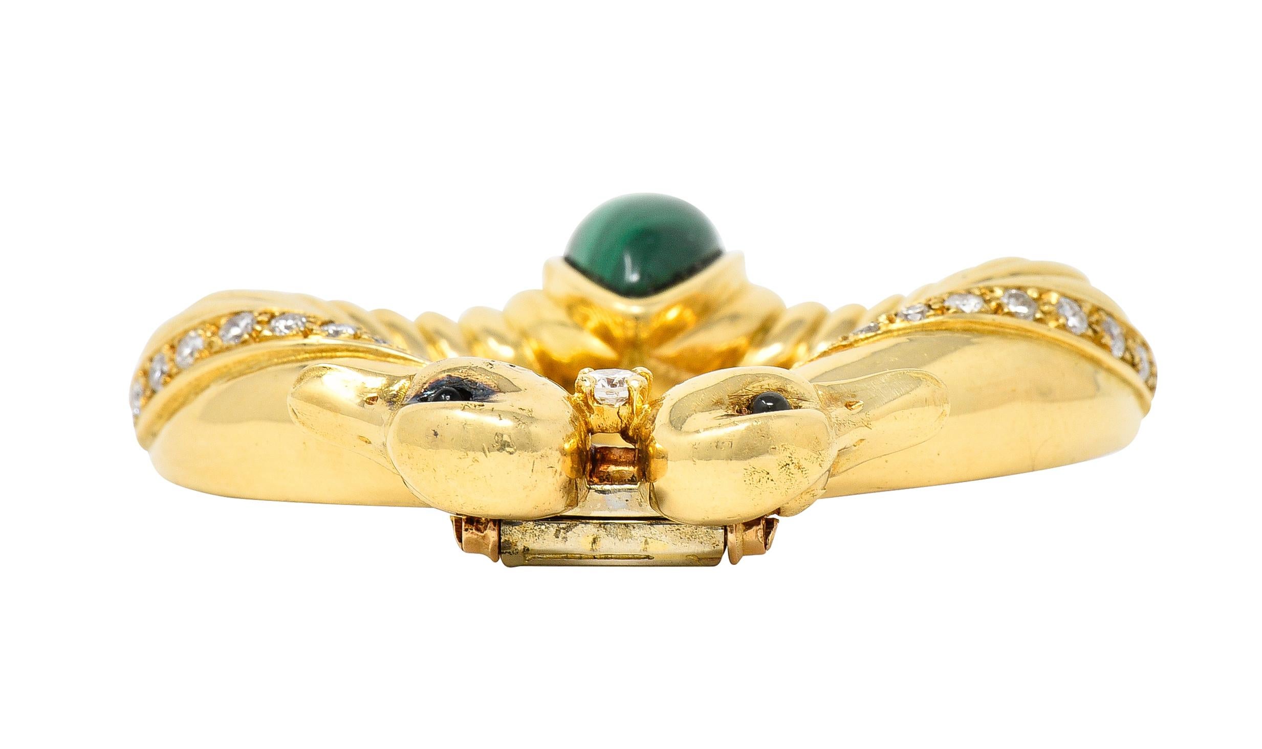 Hermés Paris Diamond Malachite 18 Karat Gold Double Swan Bird Vintage Brooch 4