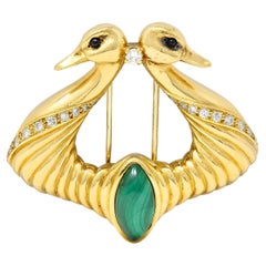 Hermés Paris Diamond Malachite 18 Karat Gold Double Swan Bird Vintage Brooch