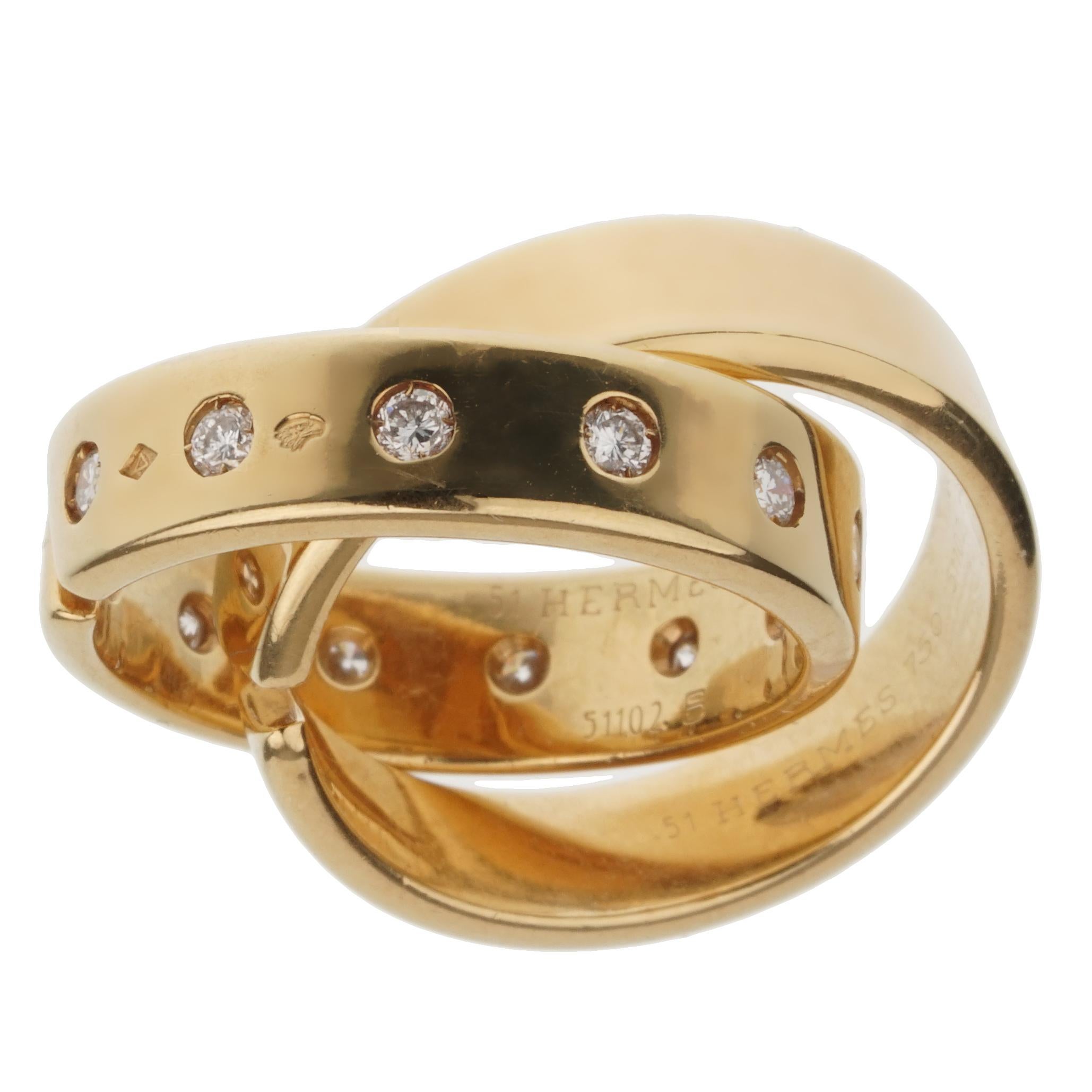 Hermes Paris Diamond Yellow Gold Rolling Ring Bands In Excellent Condition For Sale In Feasterville, PA