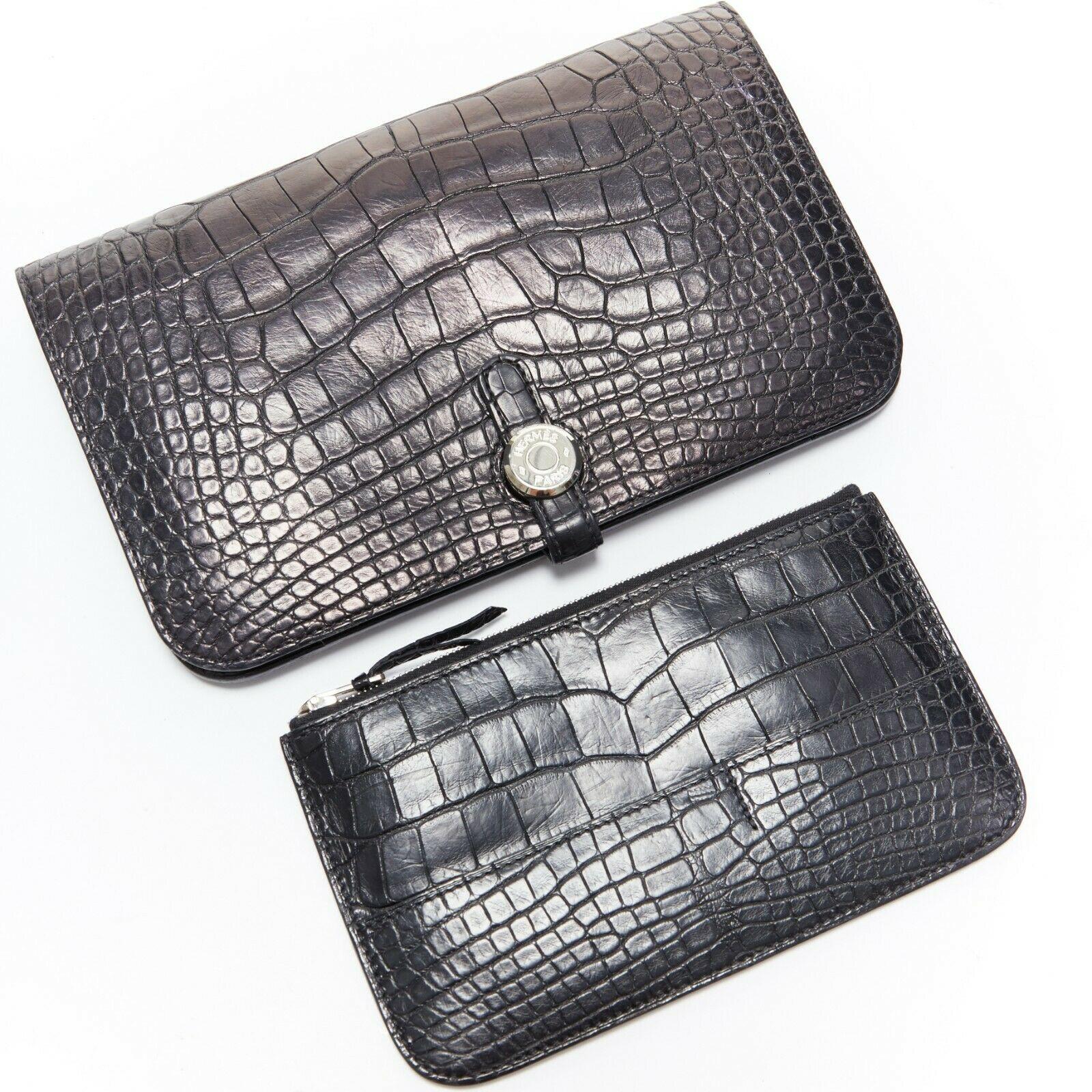 HERMES PARIS Dogon alligator crocodile leather palladium silver clutch wallet 6