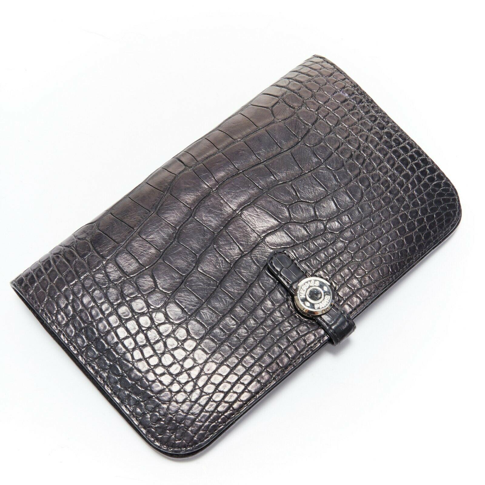 Women's HERMES PARIS Dogon alligator crocodile leather palladium silver clutch wallet
