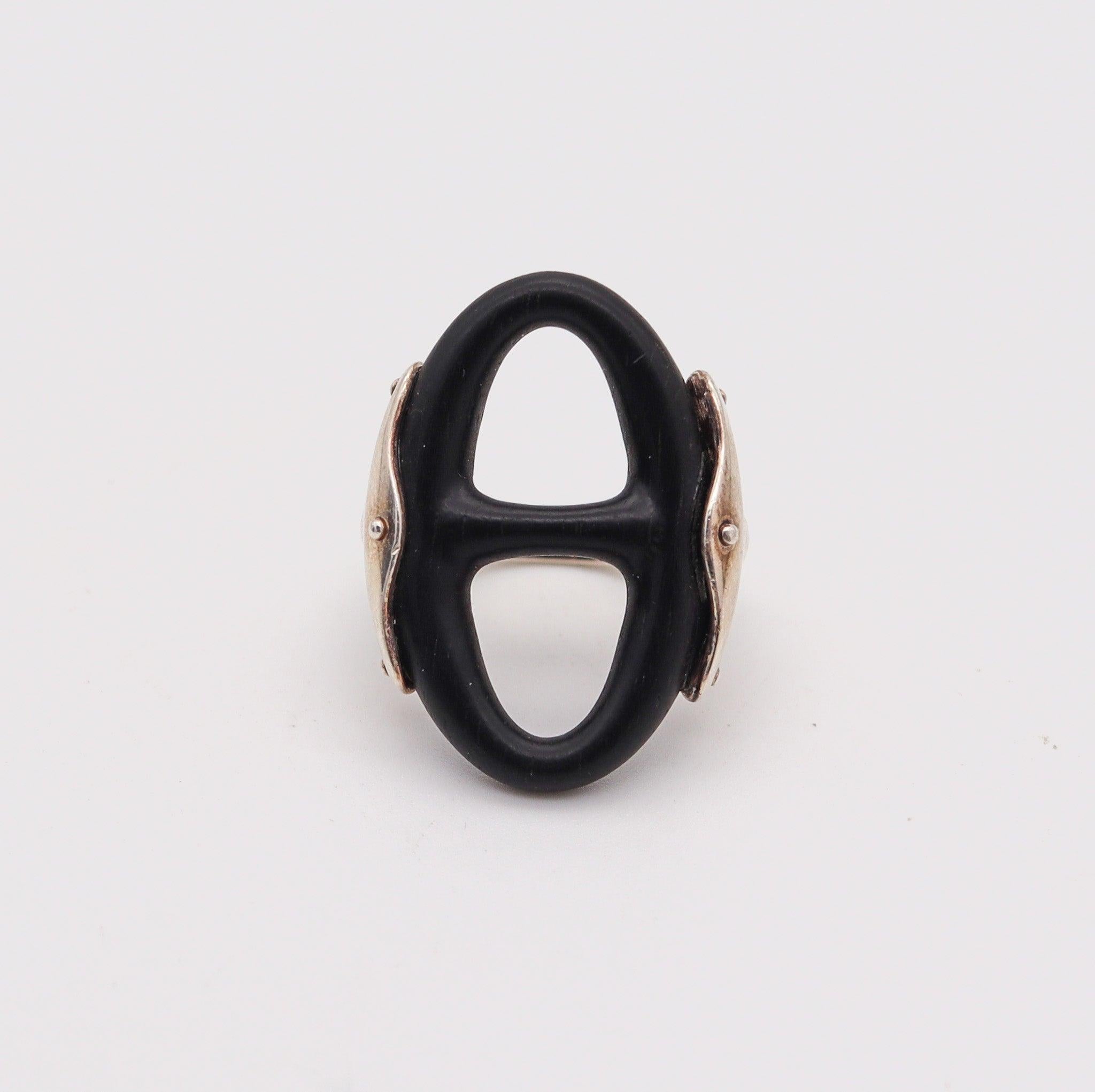 HERMES Paris Ebony Wood Chaîne d'Ancre Cocktail Ring In .925 Sterling Silver In Excellent Condition In Miami, FL
