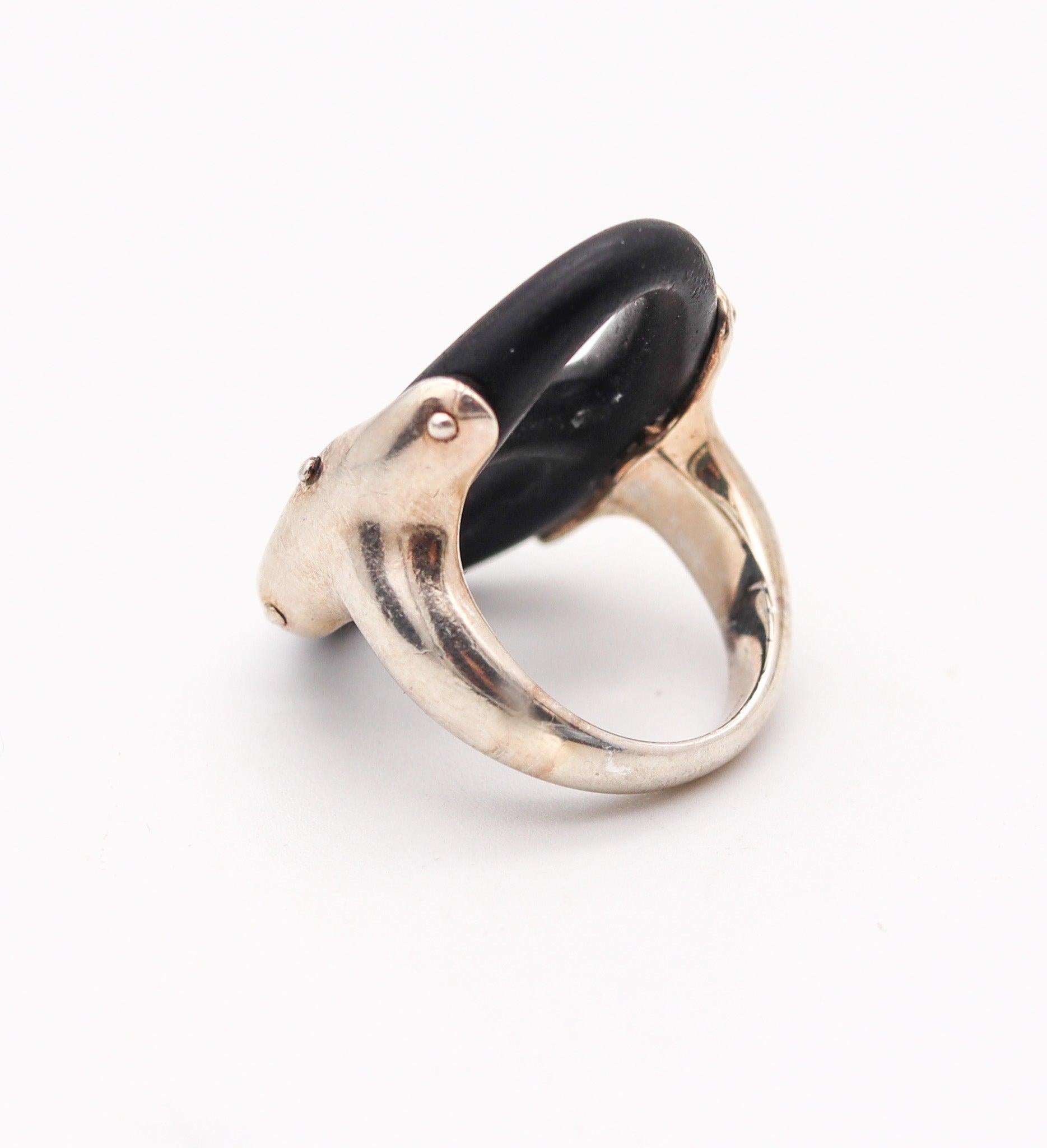 Women's HERMES Paris Ebony Wood Chaîne d'Ancre Cocktail Ring In .925 Sterling Silver