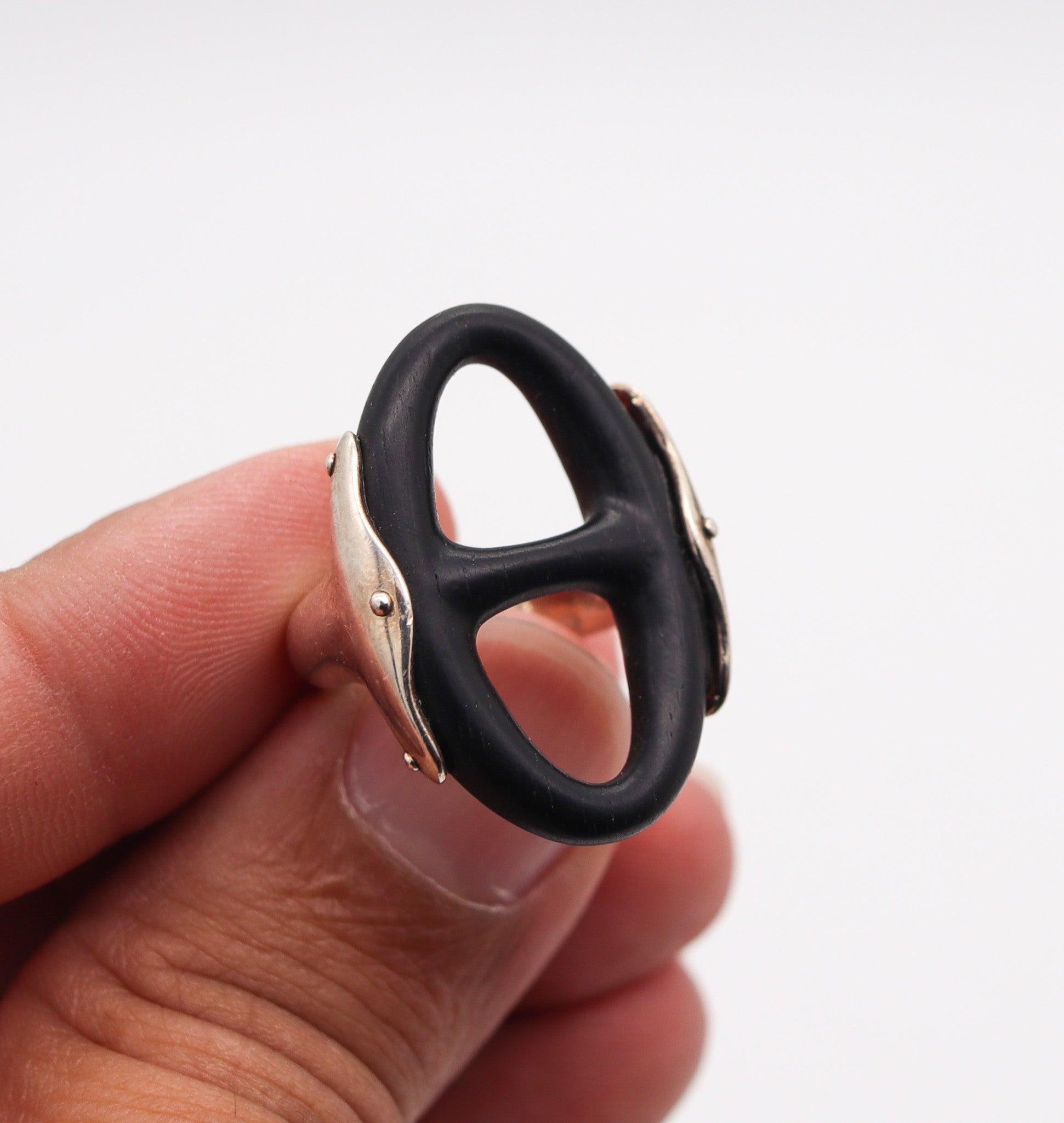 HERMES Paris Ebony Wood Chaîne d'Ancre Cocktail Ring In .925 Sterling Silver 2