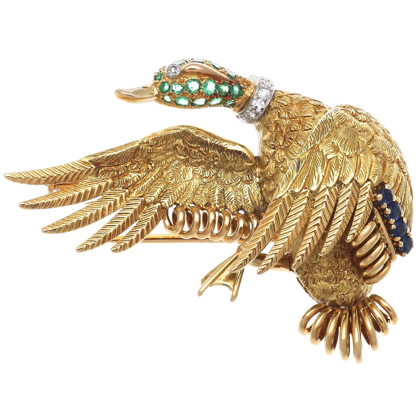 Hermes Paris Emerald Sapphire Diamond Gold Goose Brooch