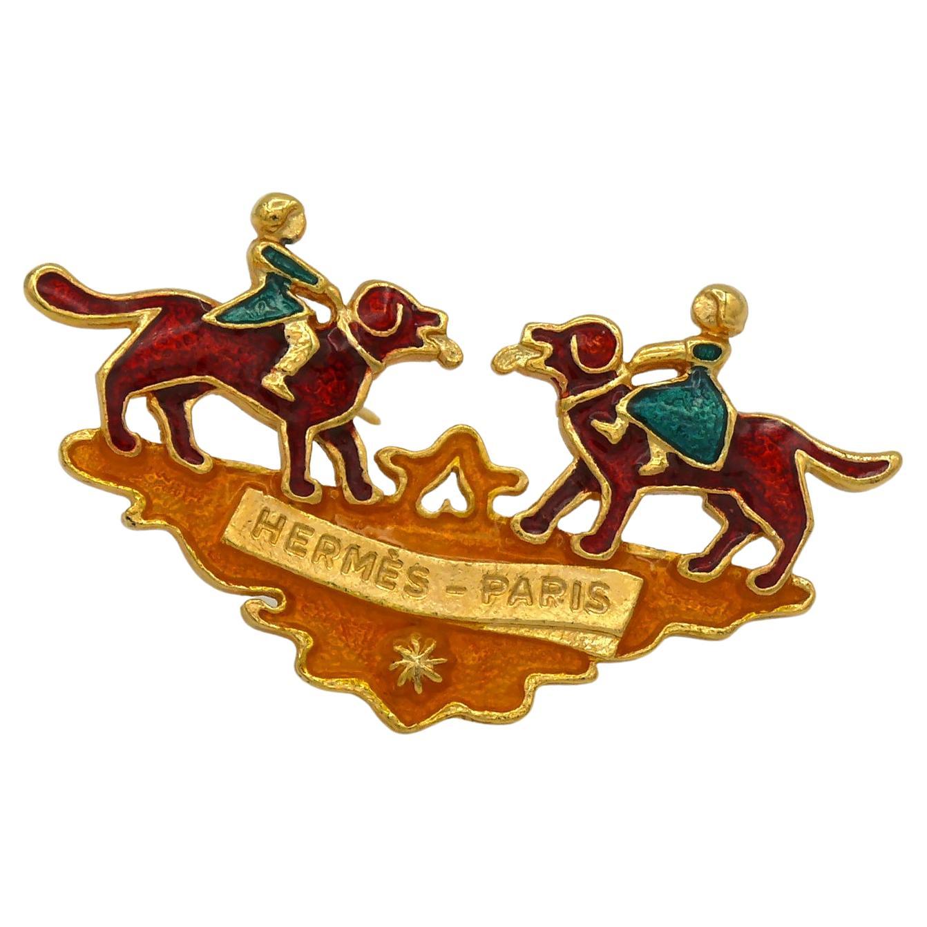 Hermes Paris Enamel Children and Dogs Brooch