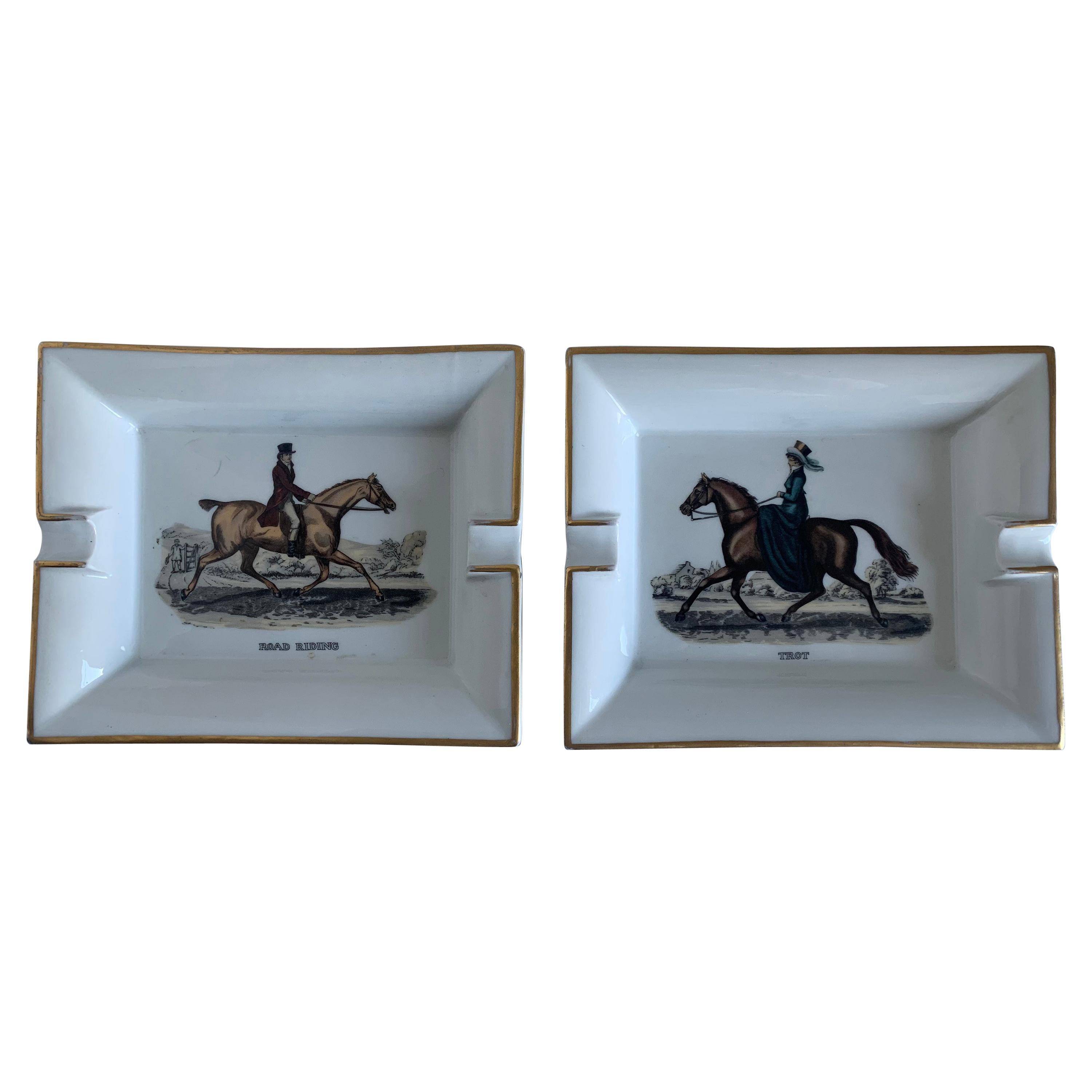 Hermès Paris Equestrian Porcelain Ashtrays, Set of 2