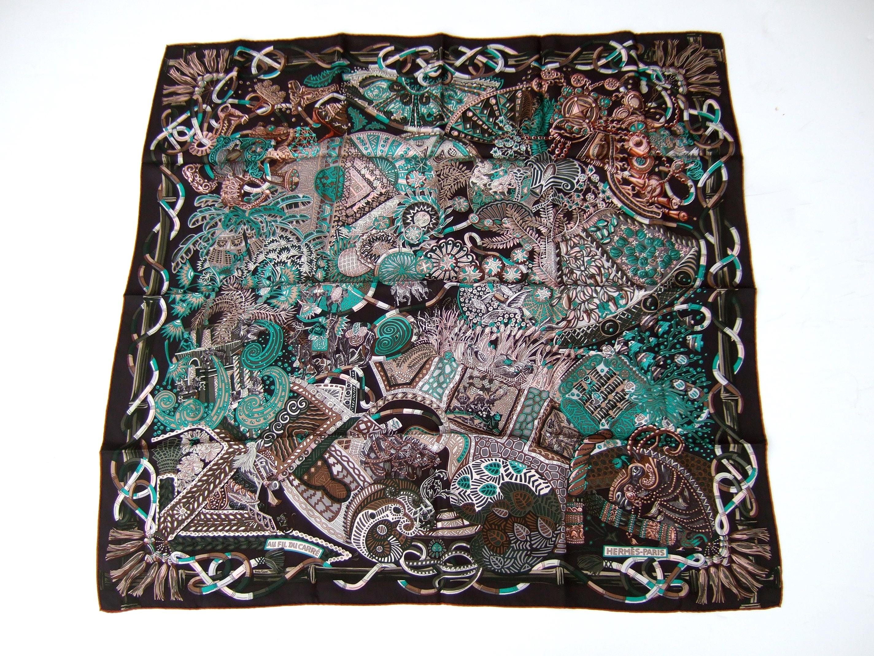 Hermes Paris Exotic Silk Jungle Animals Themed Hand Rolled Scarf c 1990s  For Sale 1