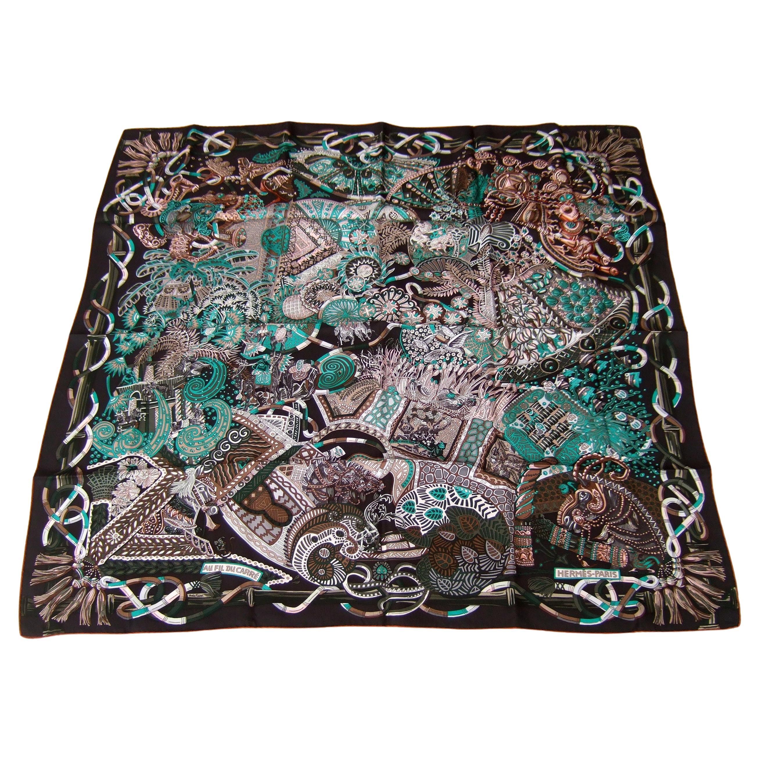 Hermes Paris Exotic Silk Jungle Animals Themed Hand Rolled Scarf c 1990s  For Sale