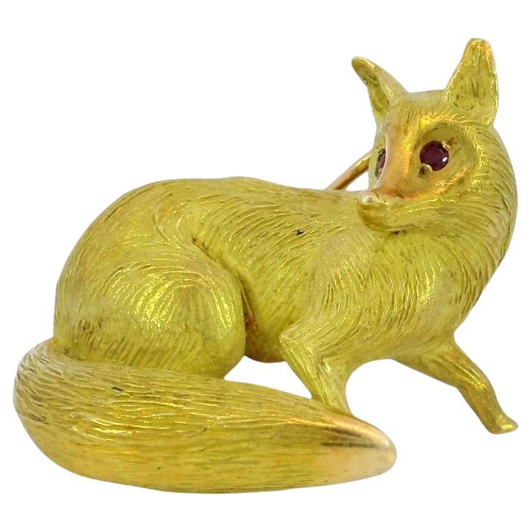 Hermes Paris Fox Brooch Vintage 18K Yellow Gold Ruby Eyes c.1960