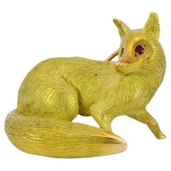 Hermes Paris Fox Brooch Vintage 18K Yellow Gold Ruby Eyes c.1960