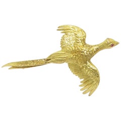 Hermès Paris Gold and Ruby Eye Pheasant Bird Brooch