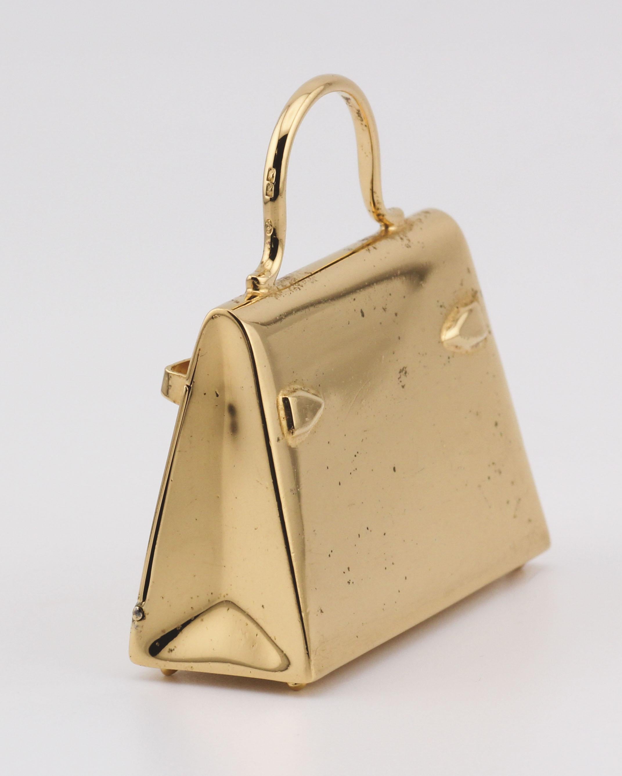 Hermes Paris Gold Plated Sterling Silver Kelly Bag Pill Box Charm Pendant In Fair Condition For Sale In Simpsonville, SC