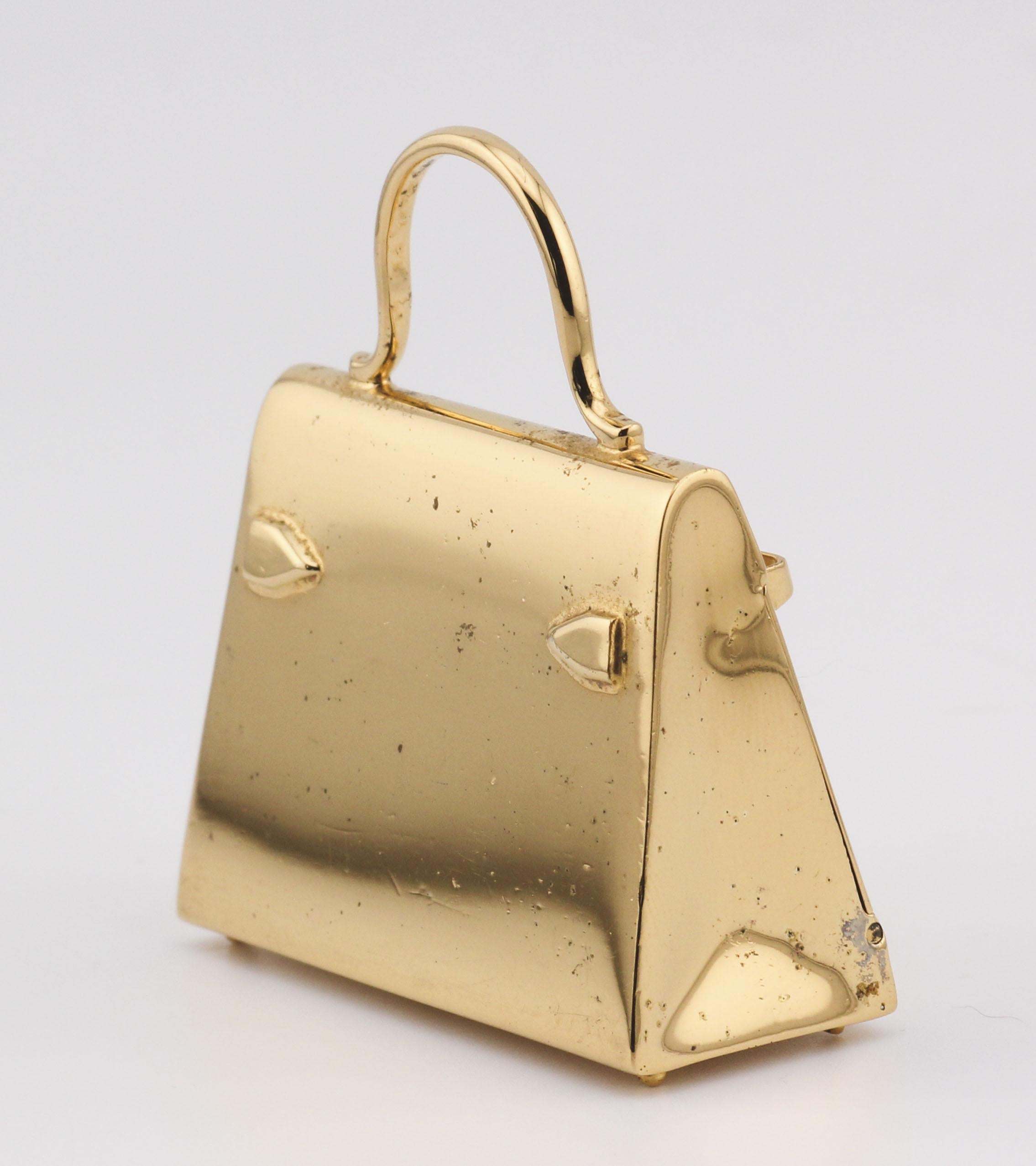 Women's or Men's Hermes Paris Gold Plated Sterling Silver Kelly Bag Pill Box Charm Pendant For Sale