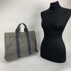 Hermes Paris Gray Black Stripes Cotton Fourre Tout MM Tote Bag