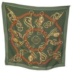 Hermes Paris Green Gold Brown Silk Scarf