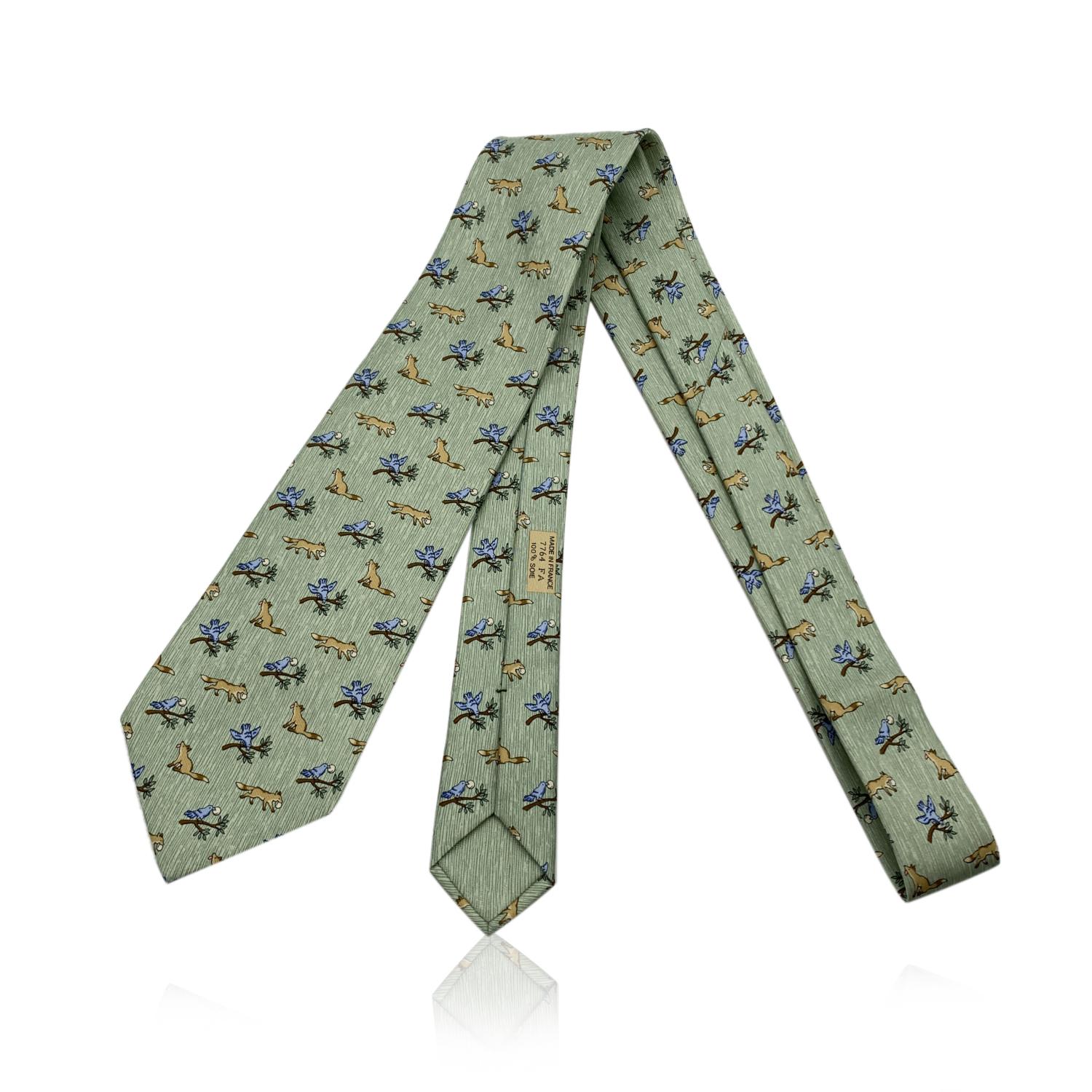 Gray Hermes Paris Green Silk Fox and Stork Fable Print Neck Tie 7764 FA