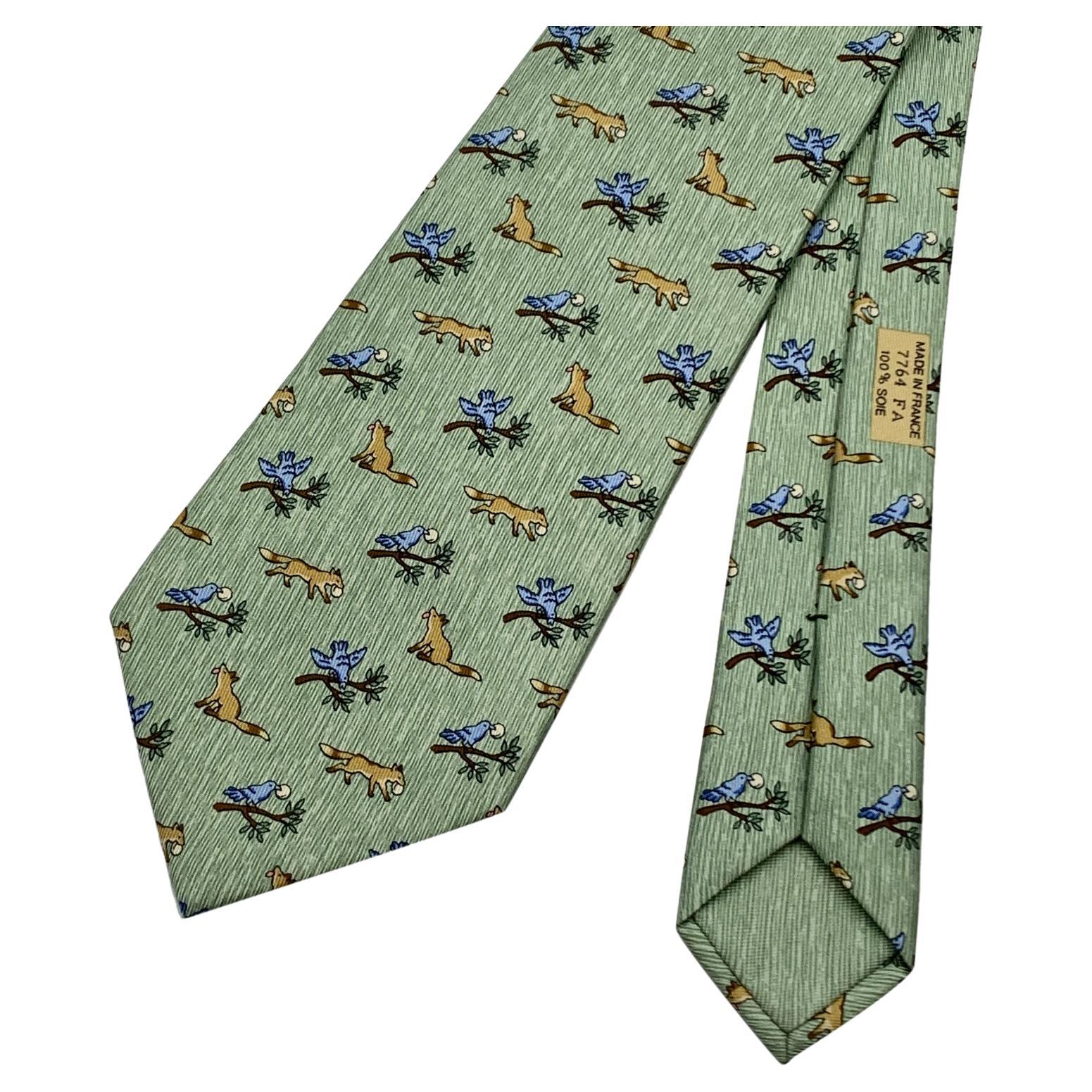 Hermes Paris Green Silk Fox and Stork Fable Print Neck Tie 7764 FA