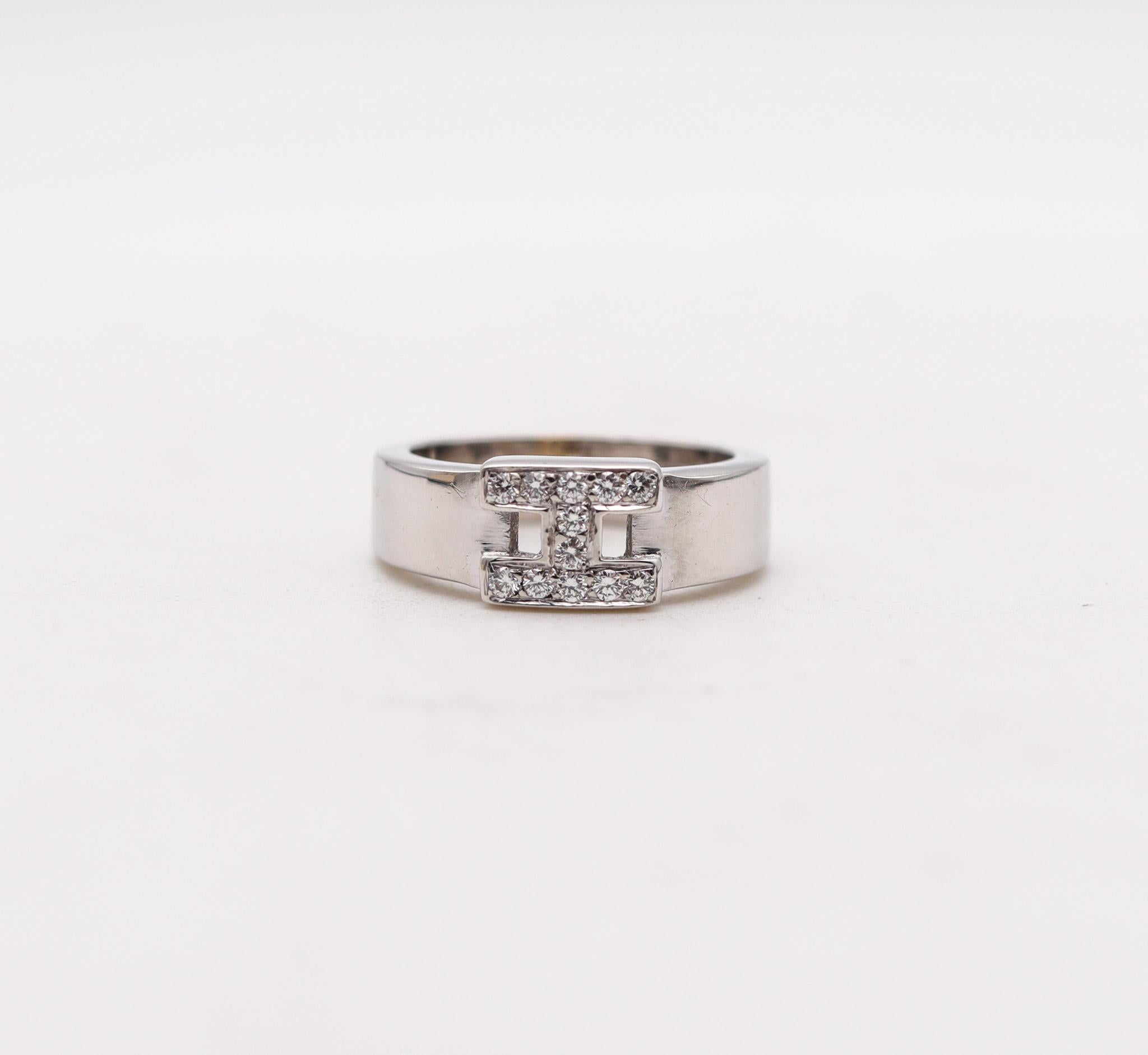 Modernist Hermes Paris H Ring Band In 18Kt White Gold With VVS Round Diamonds For Sale