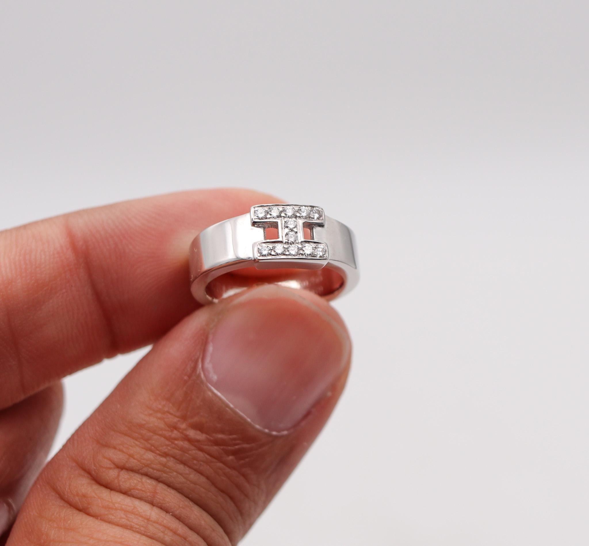 Brilliant Cut Hermes Paris H Ring Band In 18Kt White Gold With VVS Round Diamonds For Sale
