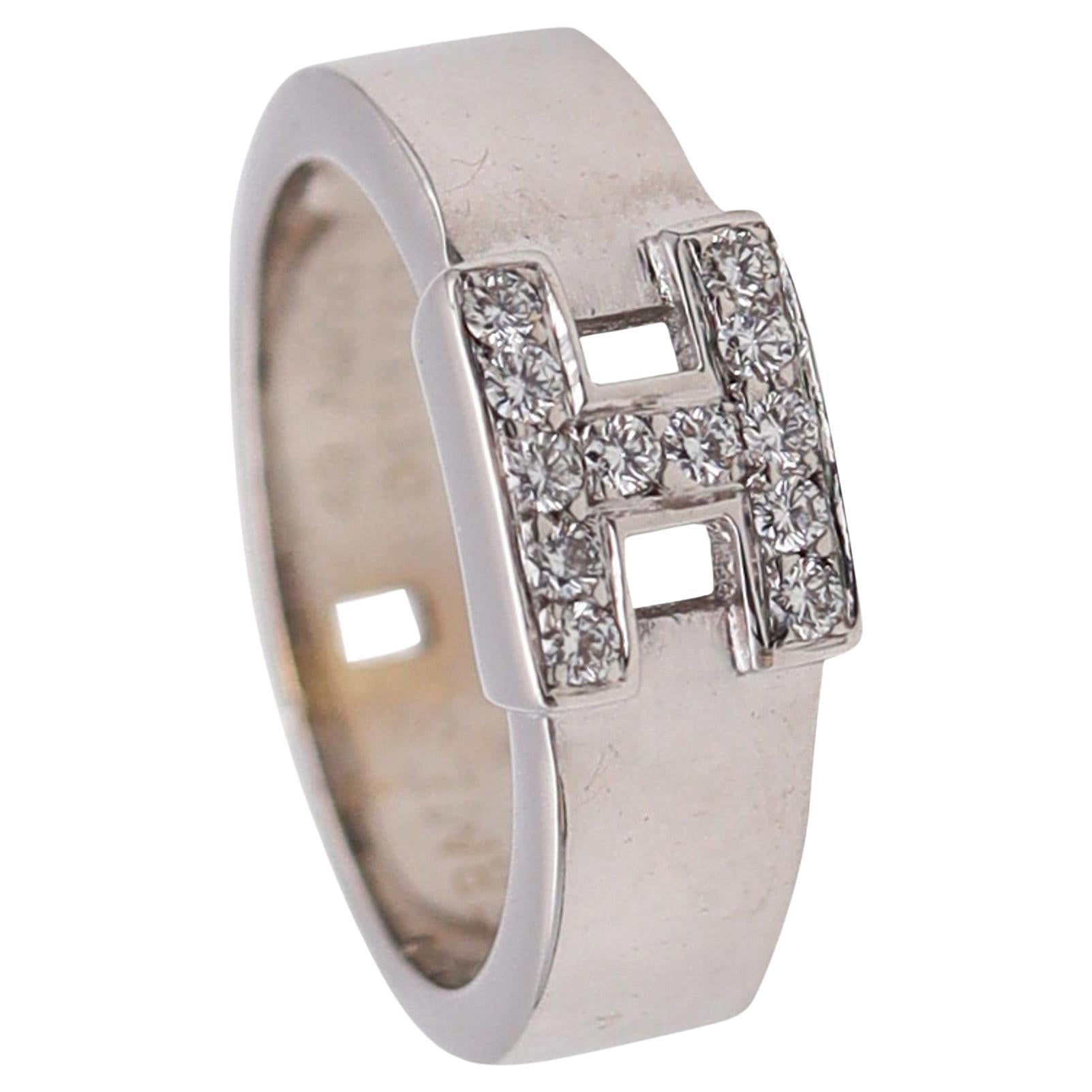 Hermes Paris H Ring Band In 18Kt White Gold With VVS Round Diamonds For Sale