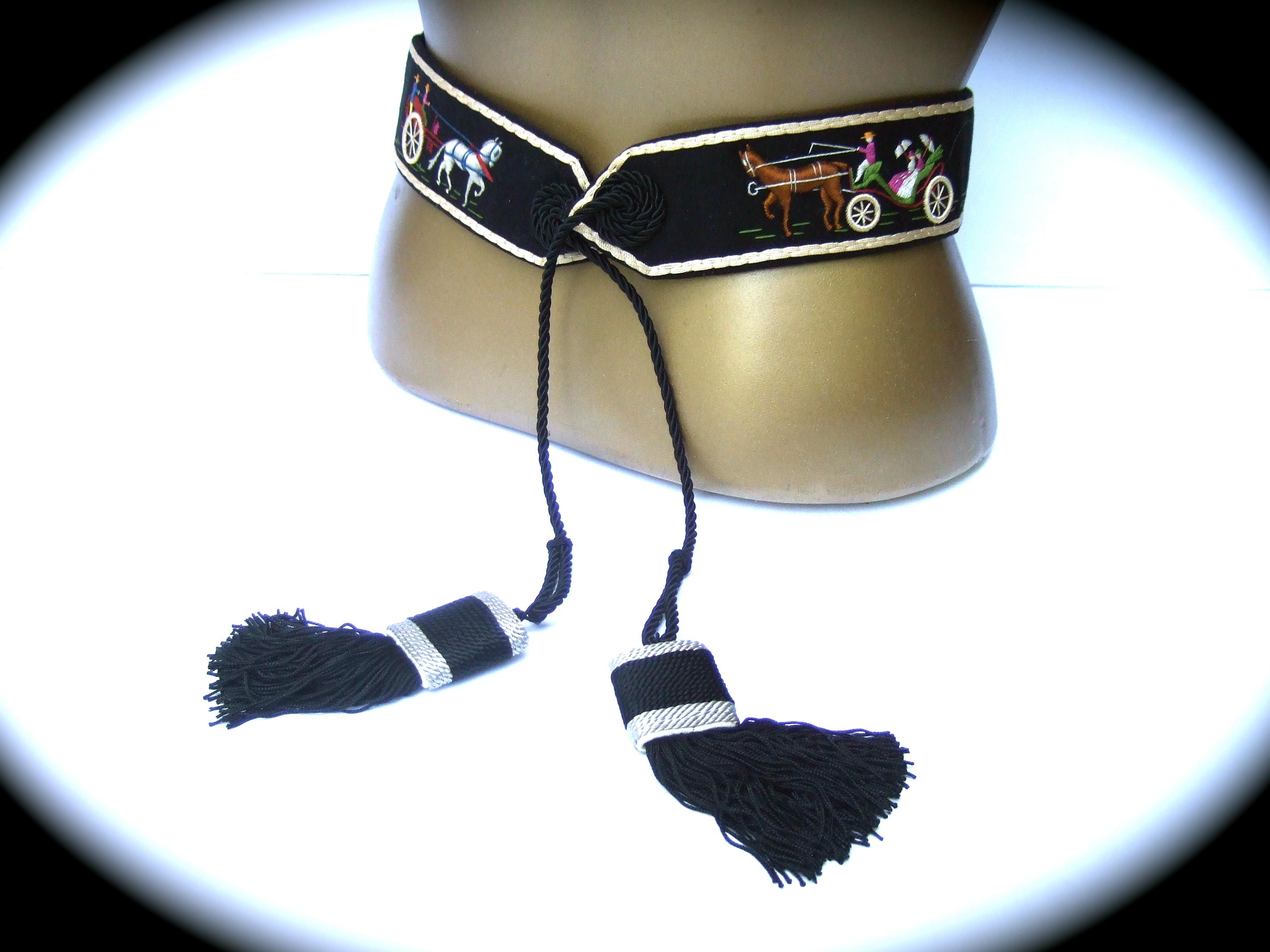 Black Hermes Paris Handmade Cloth Artisan Embroidered Tassel Belt c 1970s  For Sale
