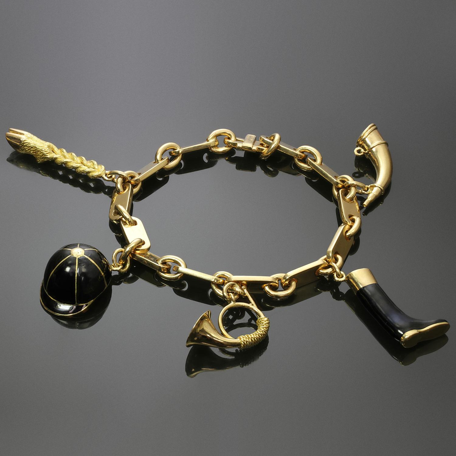 This gorgeous and unique Hermes link bracelet is crafted in 18k yellow gold and features six horse rider equestrian-themed charms with black enamel accents. Made in France, signed and numbered. Measurements: 7.25