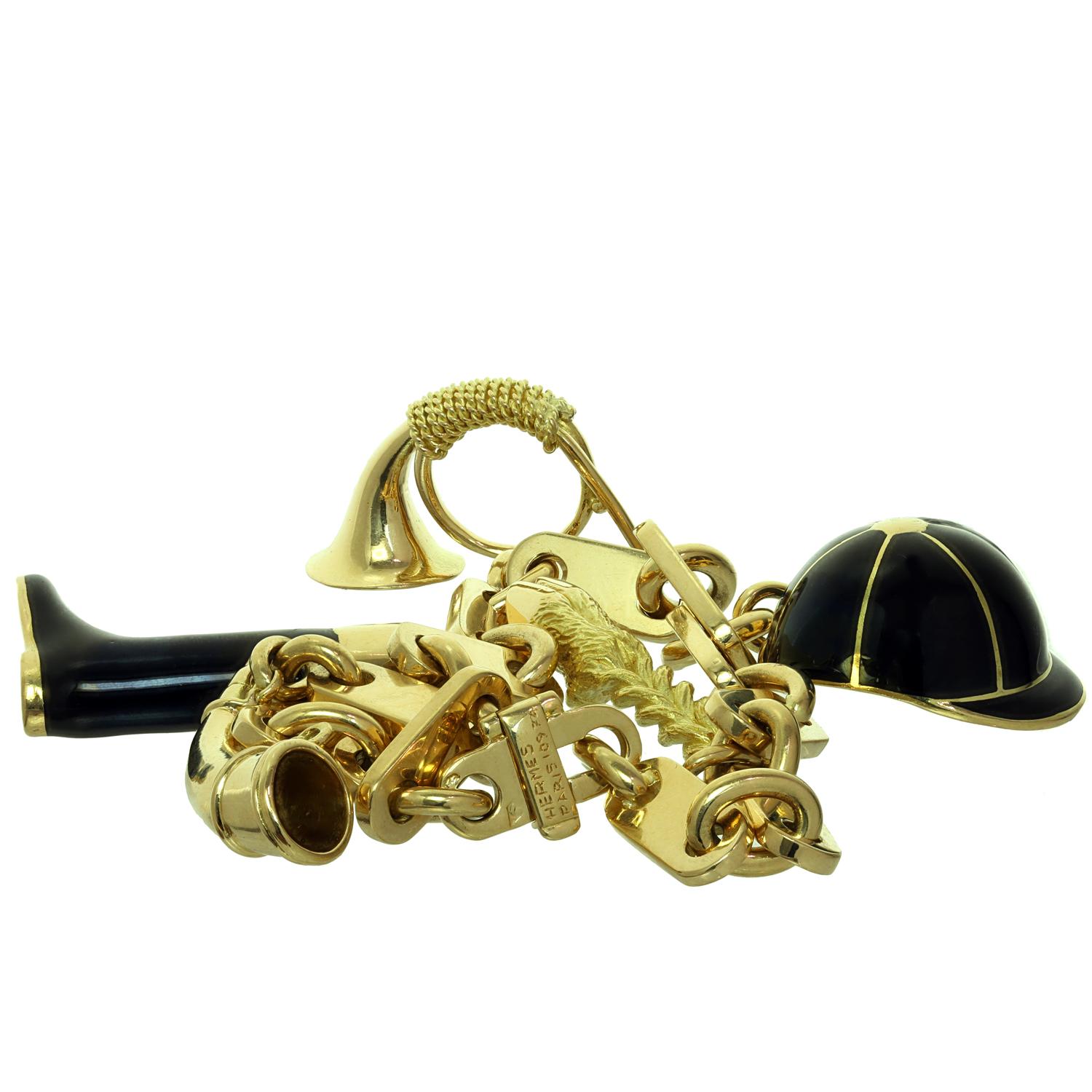 Hermes Paris Horse Rider Black Enamel Yellow Gold Charm Bracelet In Excellent Condition For Sale In New York, NY