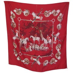 Hermes Paris Hunters Dogs Red Silk Scarf 