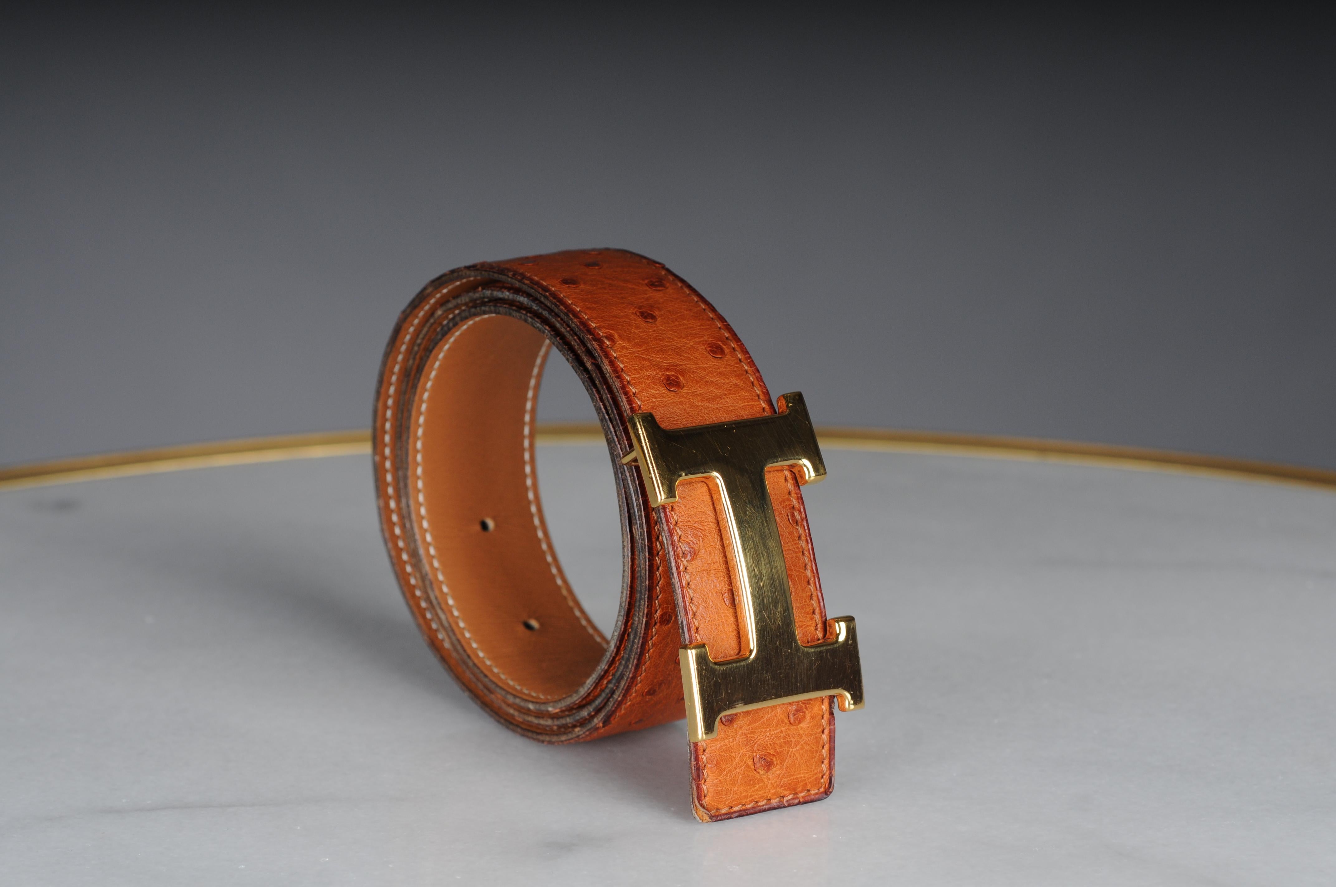 Hermes Paris interchangeable ostrich leather belt for  Gold H buckle belt For Sale 13