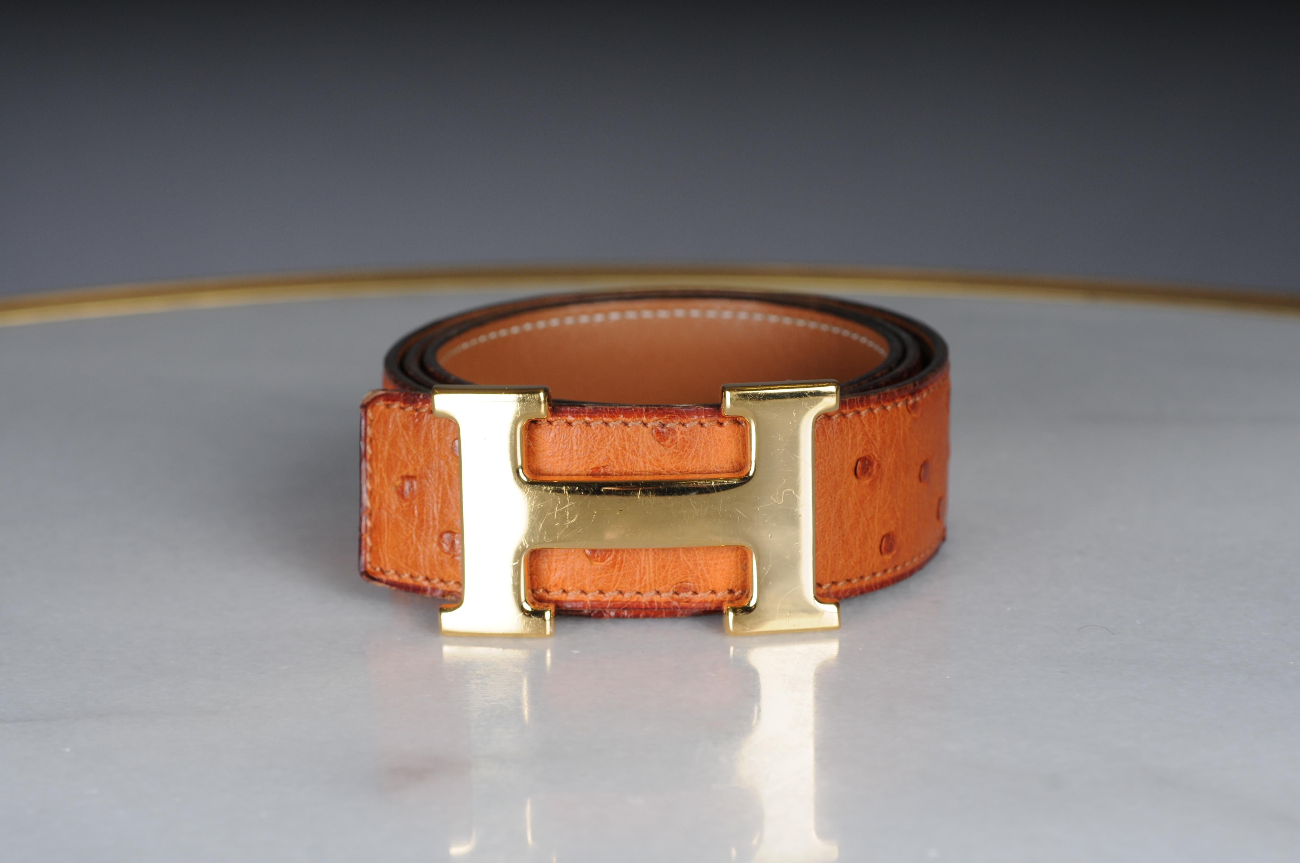 Hermes Paris interchangeable ostrich leather belt for  Gold H buckle belt In Good Condition For Sale In 10707, DE