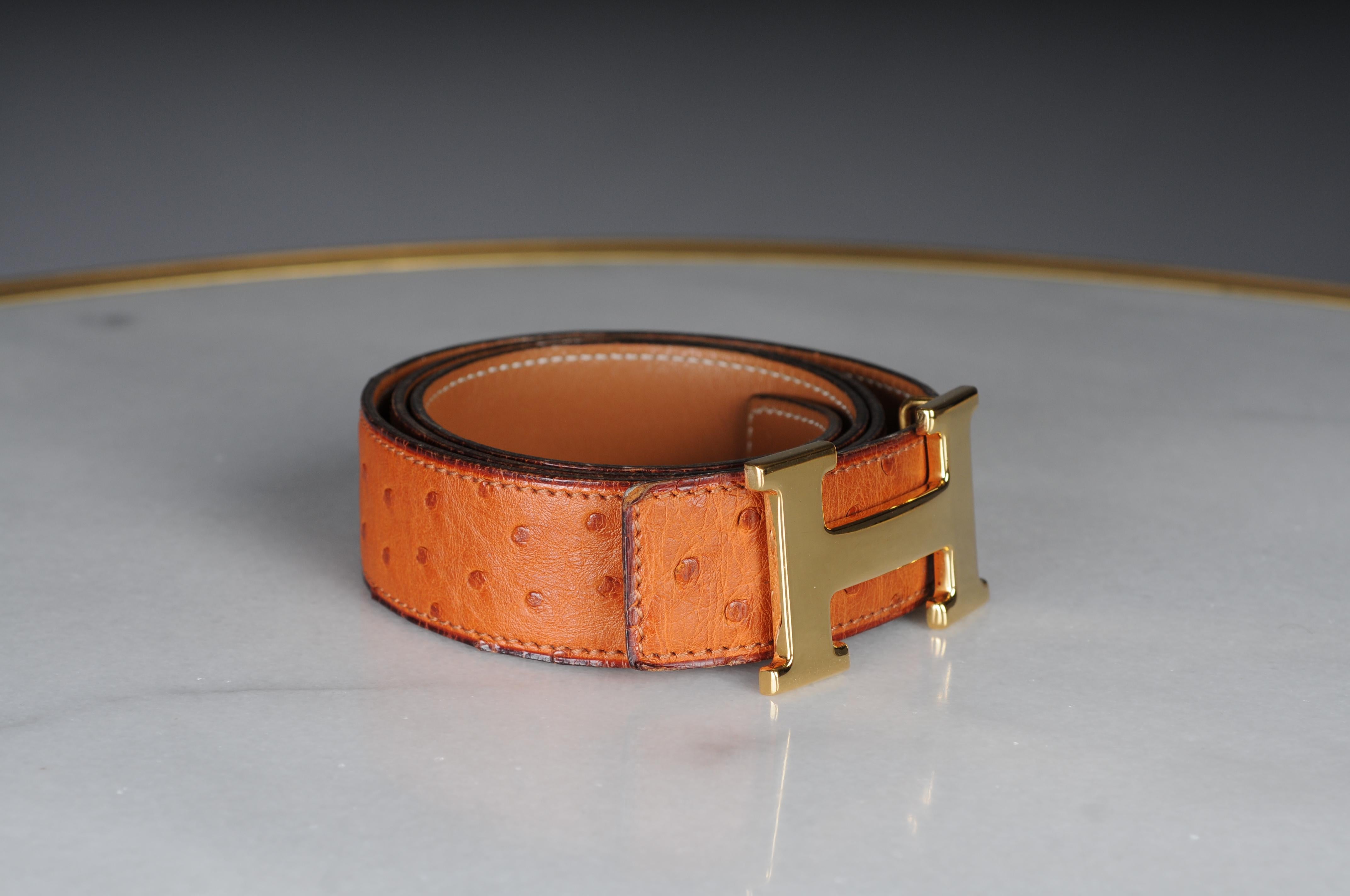 Women's or Men's Hermes Paris interchangeable ostrich leather belt for  Gold H buckle belt For Sale