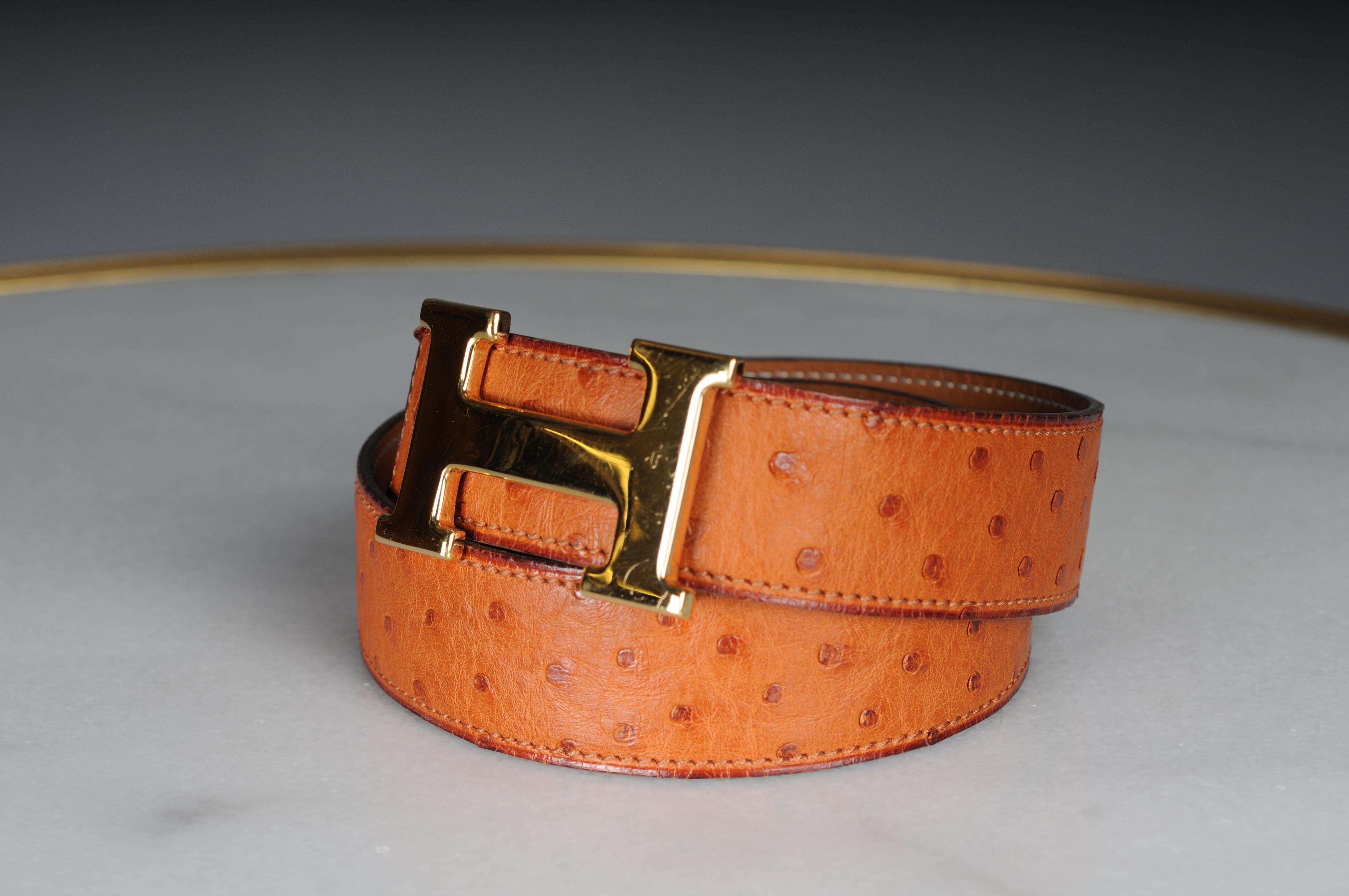 Hermes Paris interchangeable ostrich leather belt for  Gold H buckle belt For Sale 2