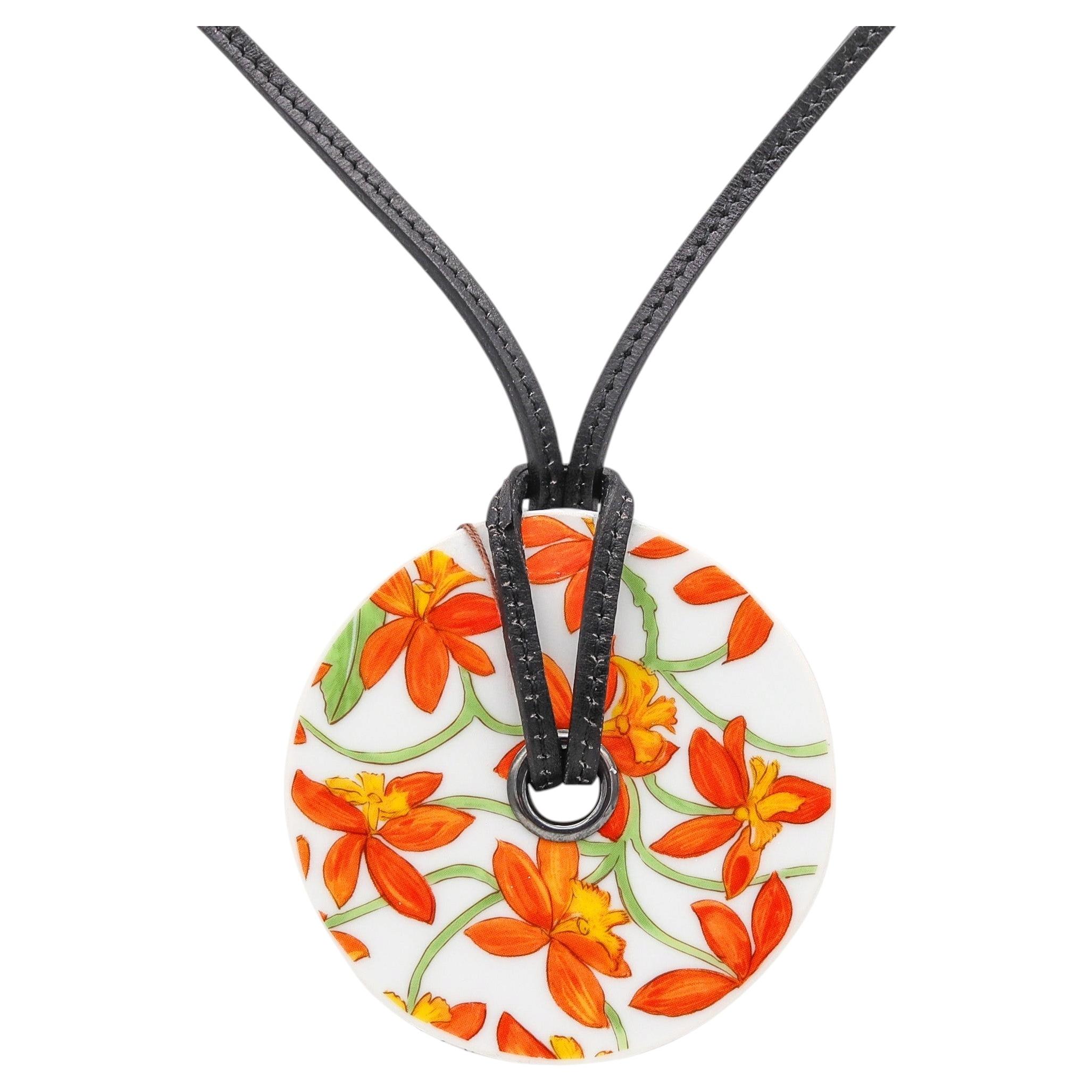 HERMES Paris Jardin Des Orchidees Porcelain & Leather Necklace In Hermès Box