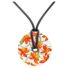 HERMES Paris Jardin Des Orchidees Porcelain & Leather Necklace In Hermès Box