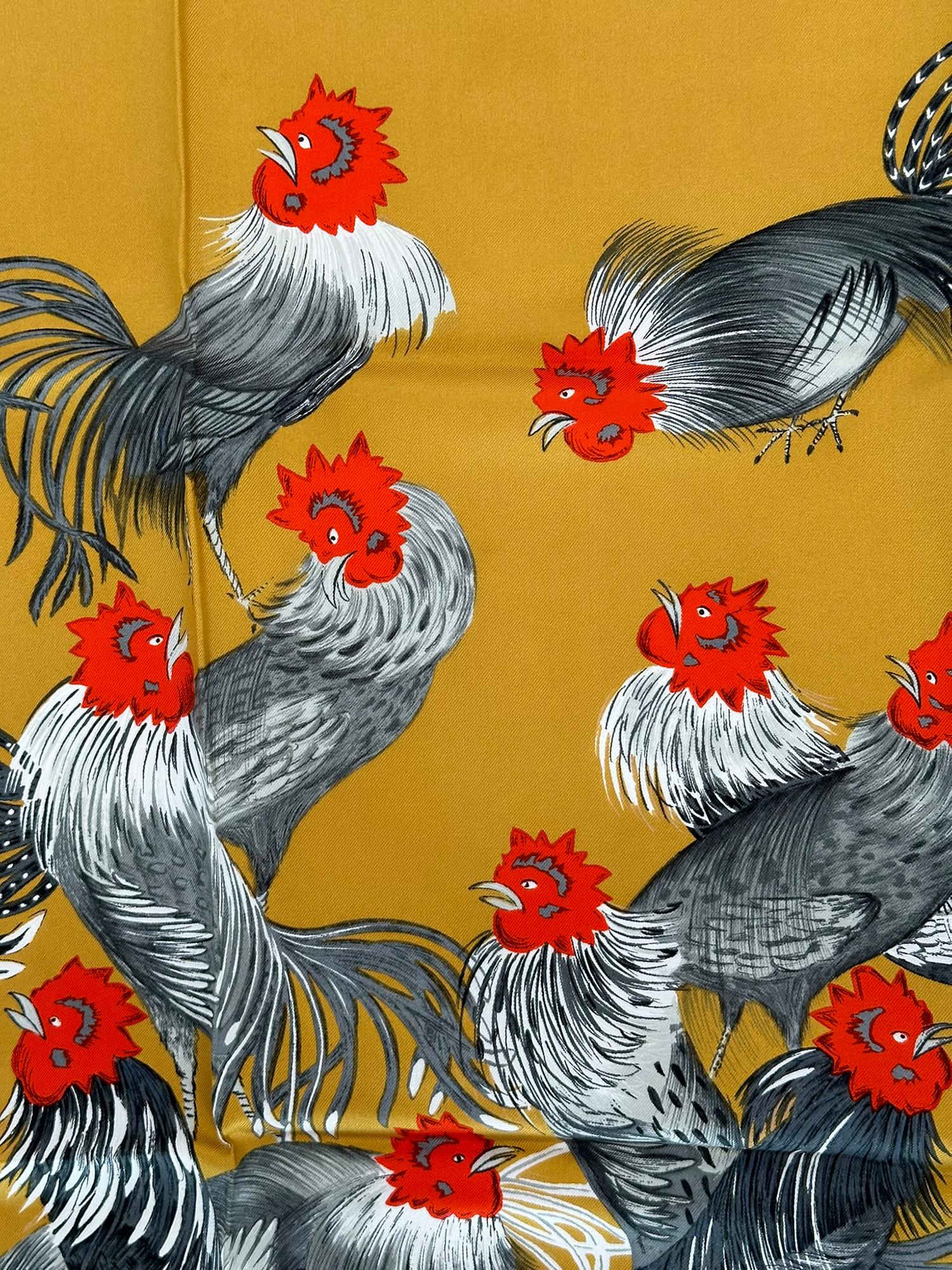 Hermes Paris Jeunes Coqs Vintage Silk Twill Scarf Designed Madame La Torre 1966 In Good Condition In West Palm Beach, FL