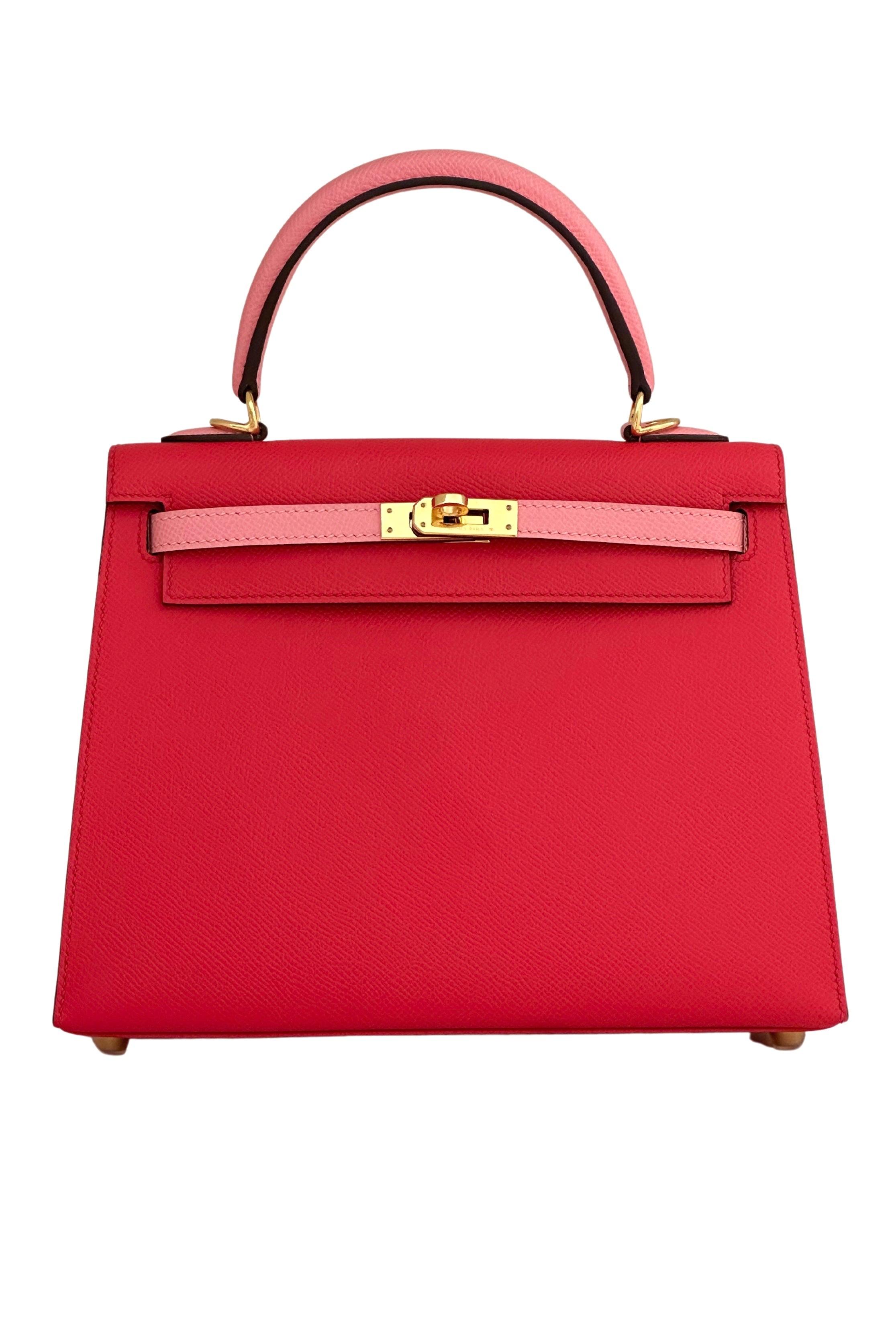 A custom Hermès piece, this gorgeous Kelly 25 bag bears the horseshoe symbol next to the Hermès stamp inside the bag, denoting a special order that is completely unique and one off. Made of Epsom leather in the shades S5 Rouge Tomate + 1Q Rose