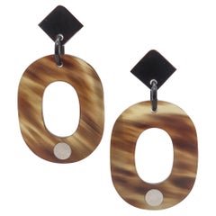 HERMES Paris "La Ligne Corne" Squared Dangle Stud Earrings In .925 Sterling