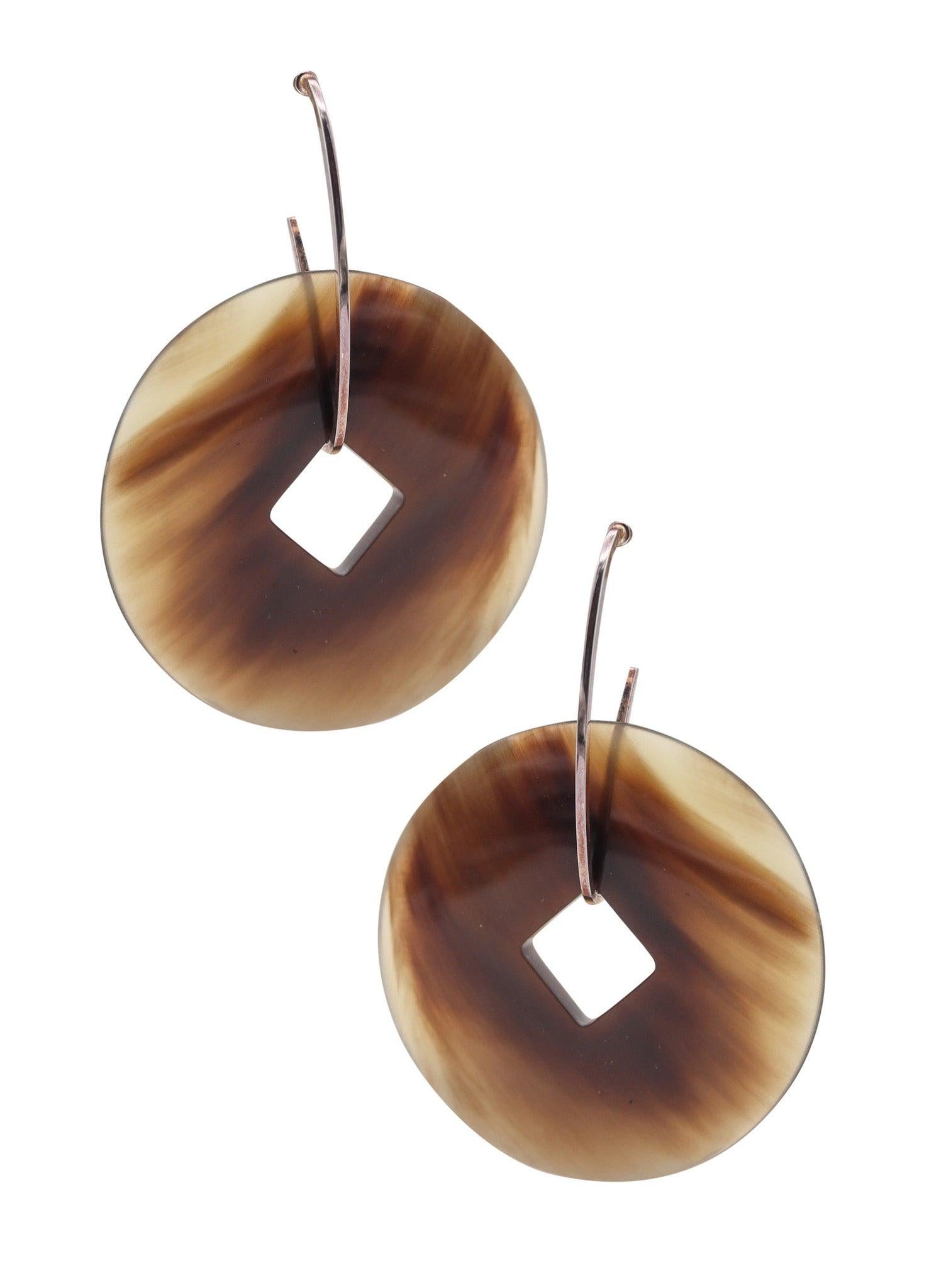 HERMES Paris "La Ligne Corne" Wire Round Dangle Earrings In .925 Sterling Silver