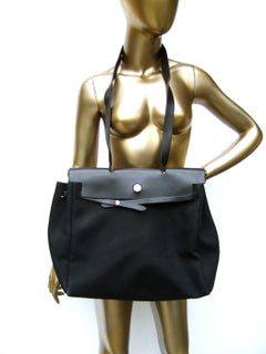 Hermes Paris Large Black Leather & Canvas Toile Officier Shoulder Bag c 1990s