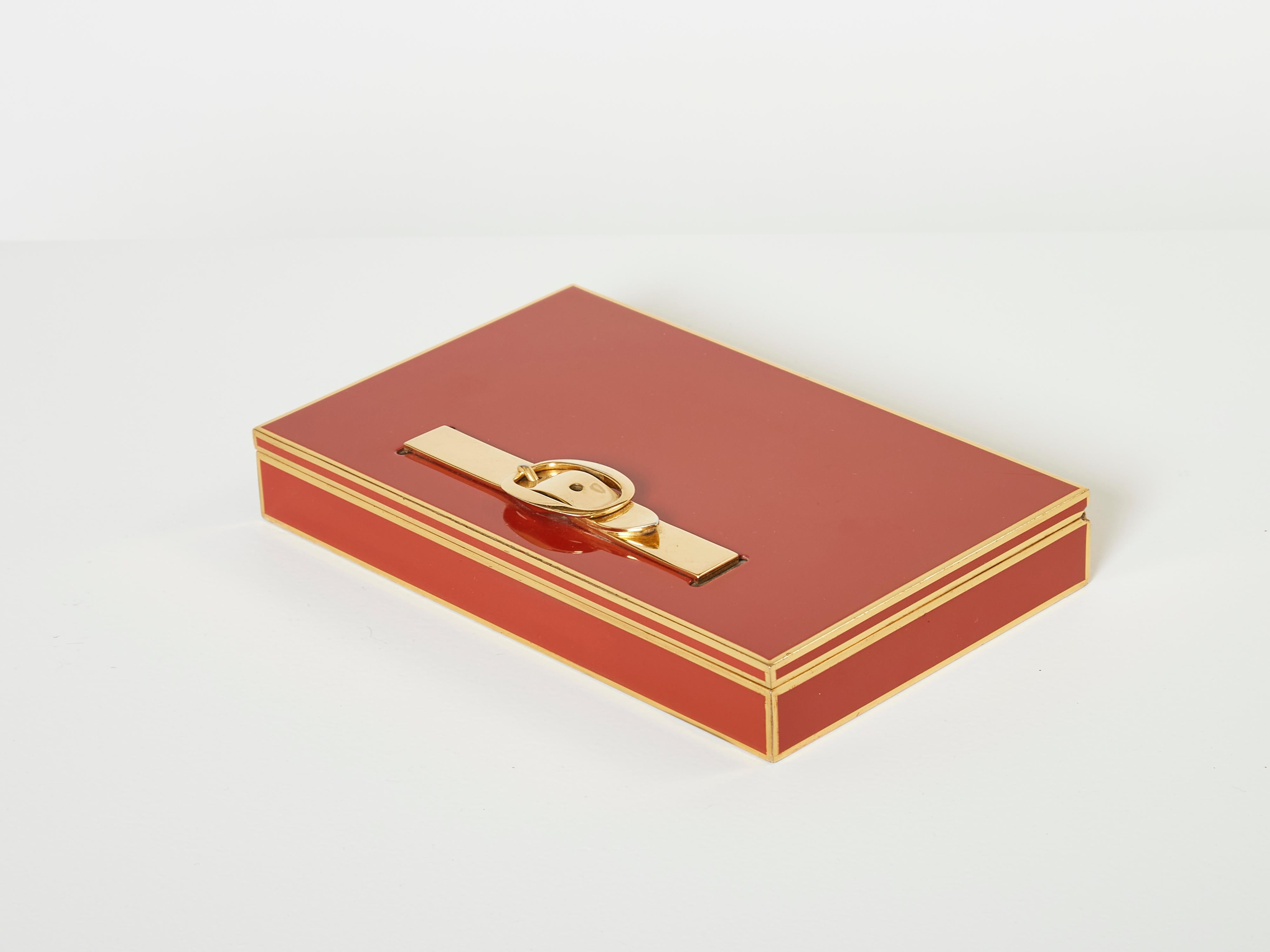 Mid-Century Modern Hermès Paris Large Jewellery Box Red Lacquer Brass Wood, 1970