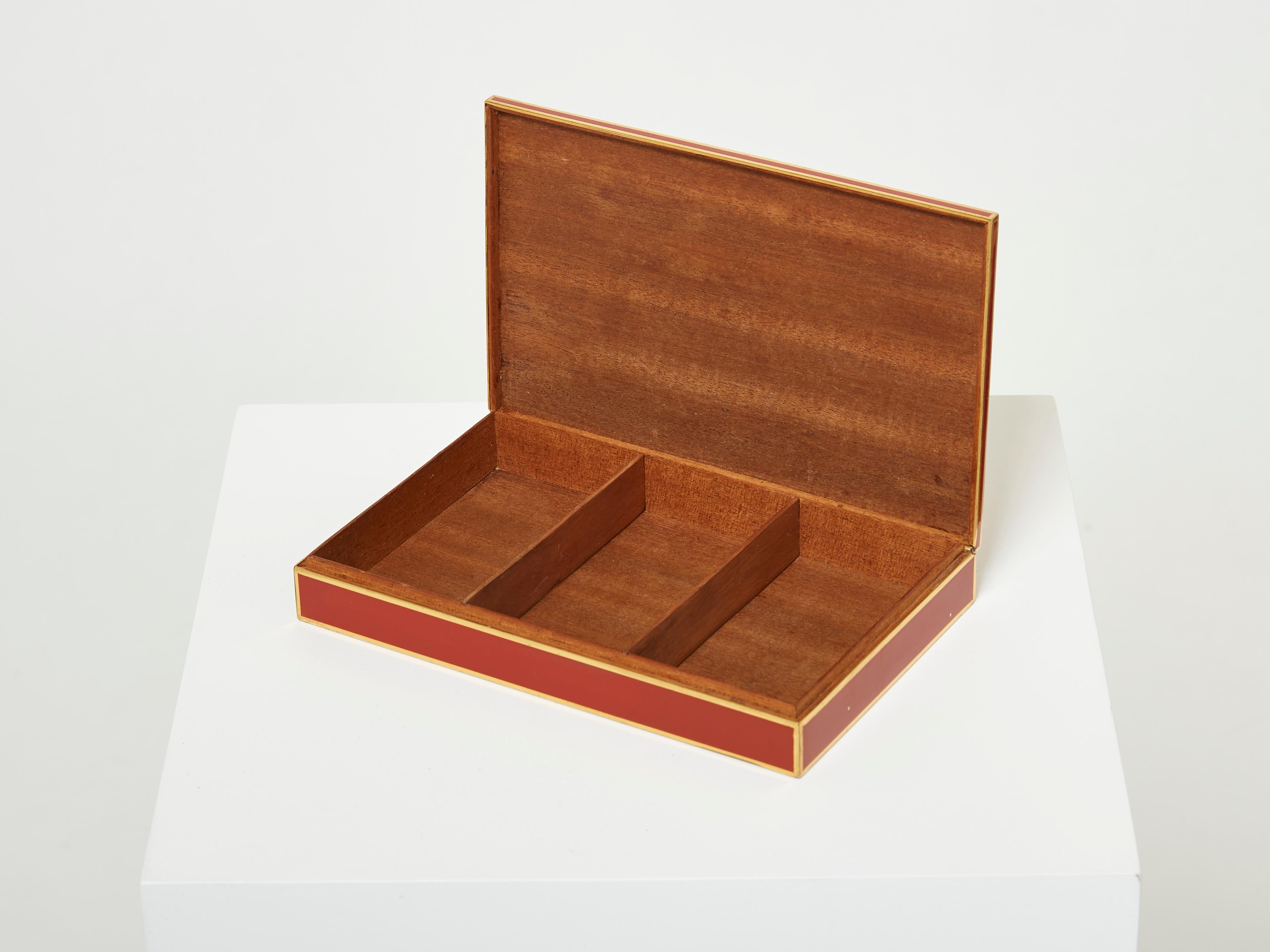 French Hermès Paris Large Jewellery Box Red Lacquer Brass Wood, 1970