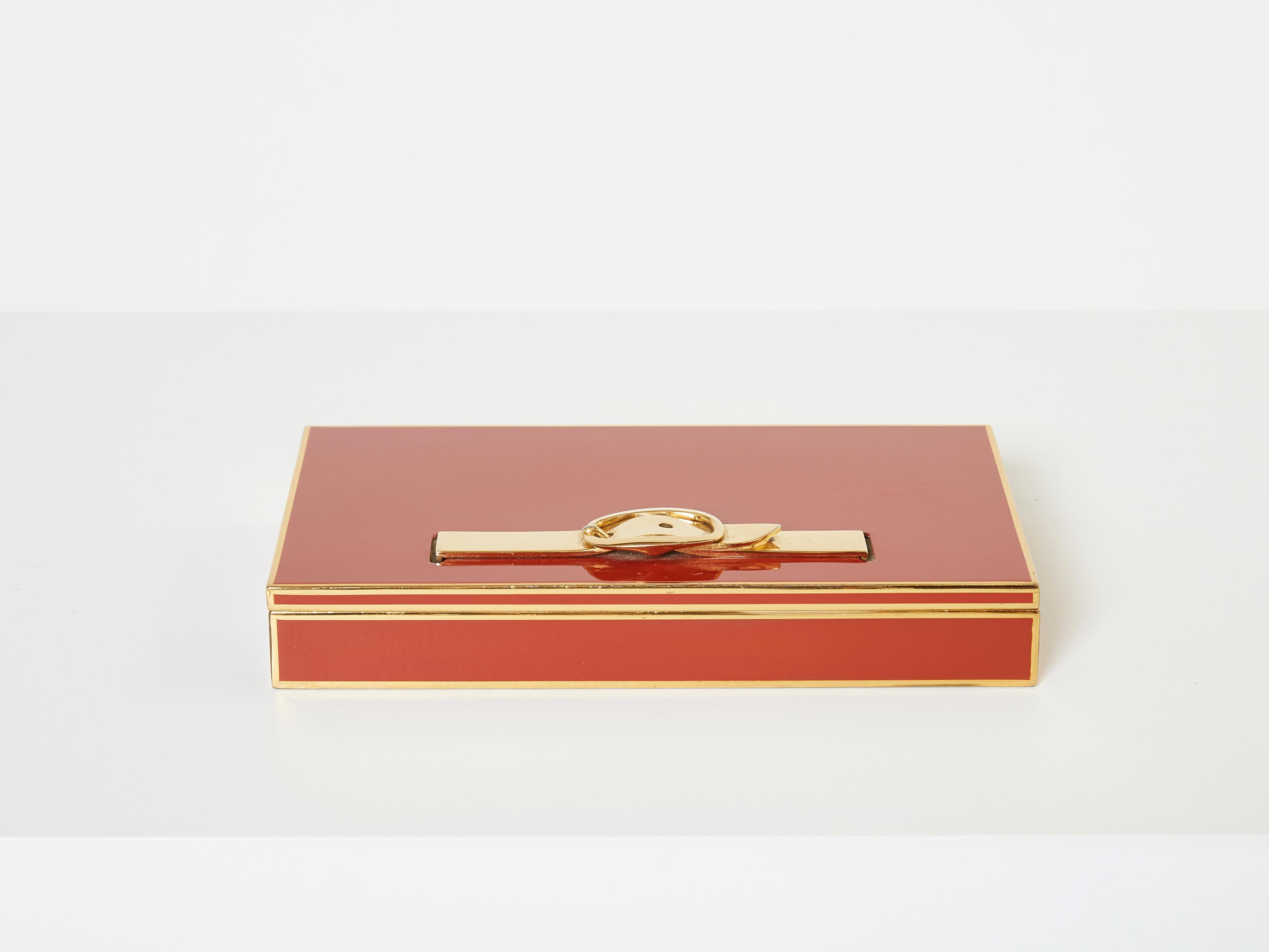 Late 20th Century Hermès Paris Large Jewellery Box Red Lacquer Brass Wood, 1970
