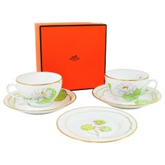 Vintage Hermes Paris "Le Nil", 2 Porcelain Dejeuner Cups, 2 Saucers, 1 Bread Plate