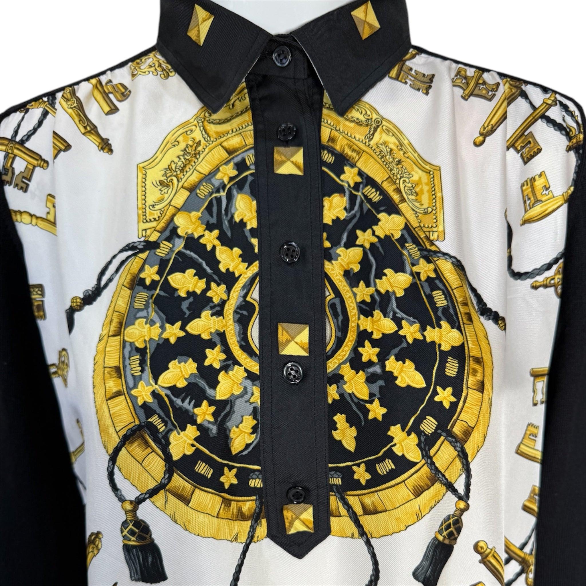 Eleva tu vestuario con este llamativo jersey de lana Hermes Paris de los años 80 con el icónico diseño del pañuelo de seda 