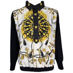 HERMES PARIS "Les Cles" Bufanda de seda estampada Jersey de lana, Años 80