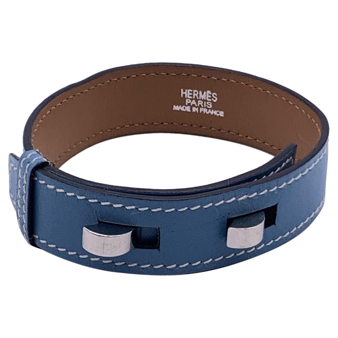Hermes Paris Light Blue Leather Belt Bracelet Silver Metal Hardware