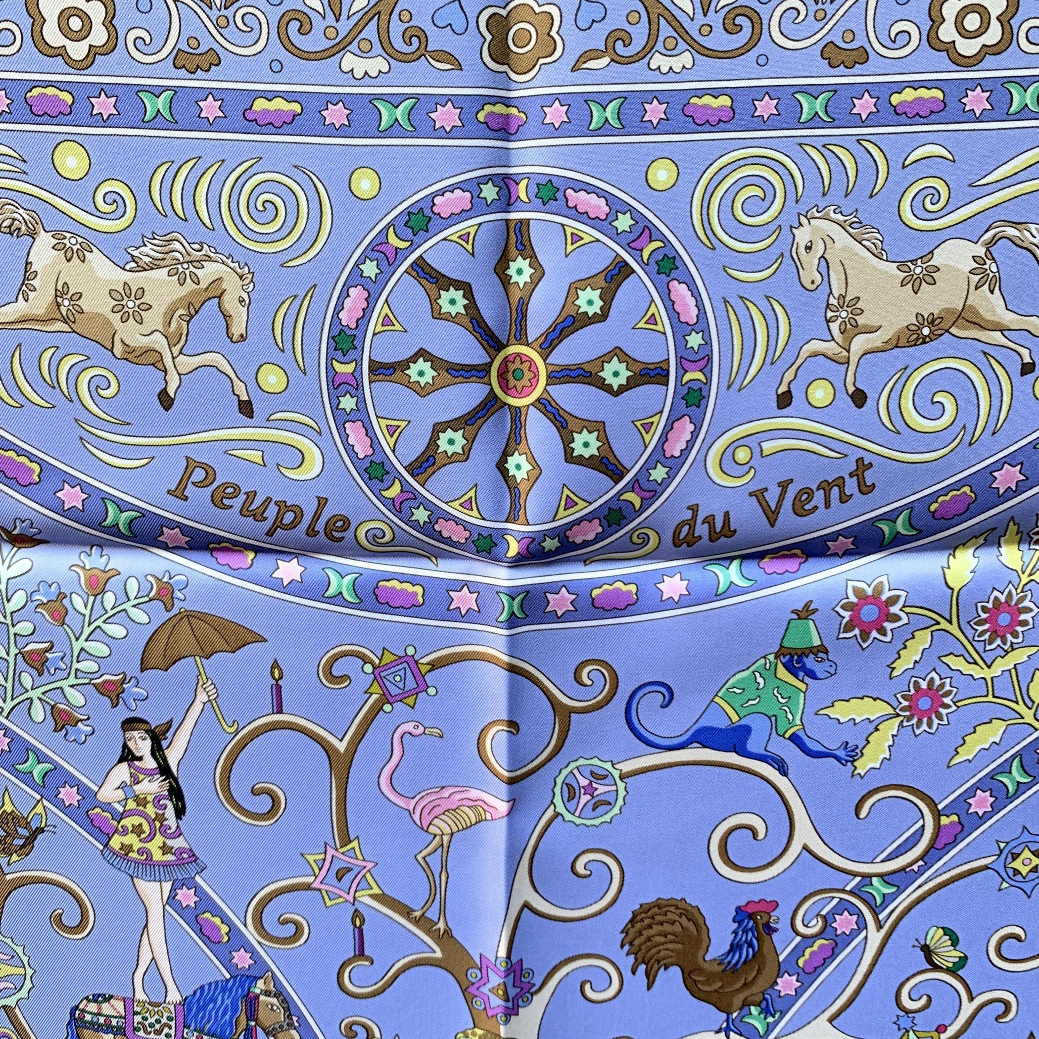 Hermes Paris Light Blue Silk Scarf Peuple du Vent 2009 Christine Henry In Excellent Condition In Rome, Rome